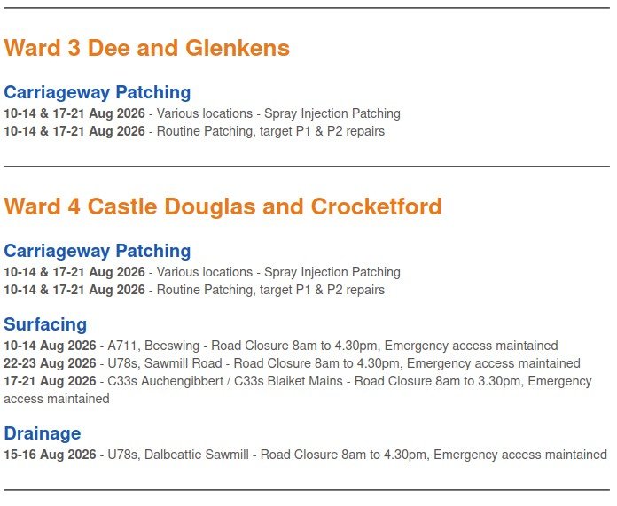 Roadworks for week beginning Monday 10th August