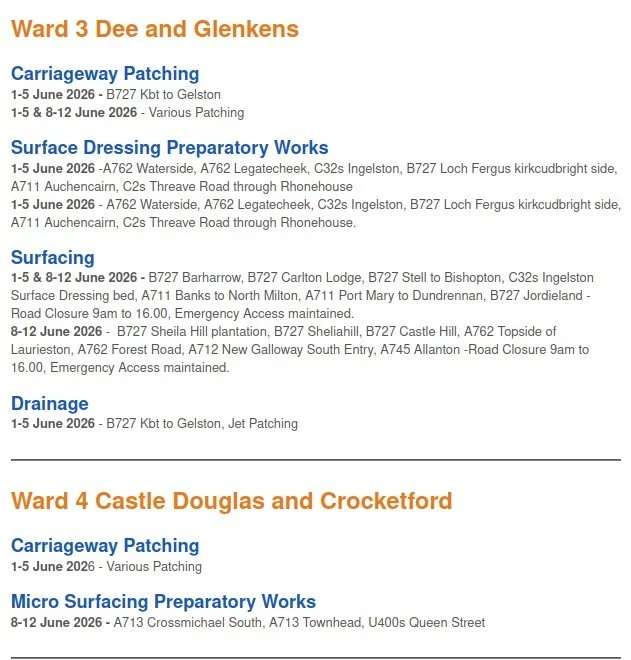 Roadworks Wards 3&4