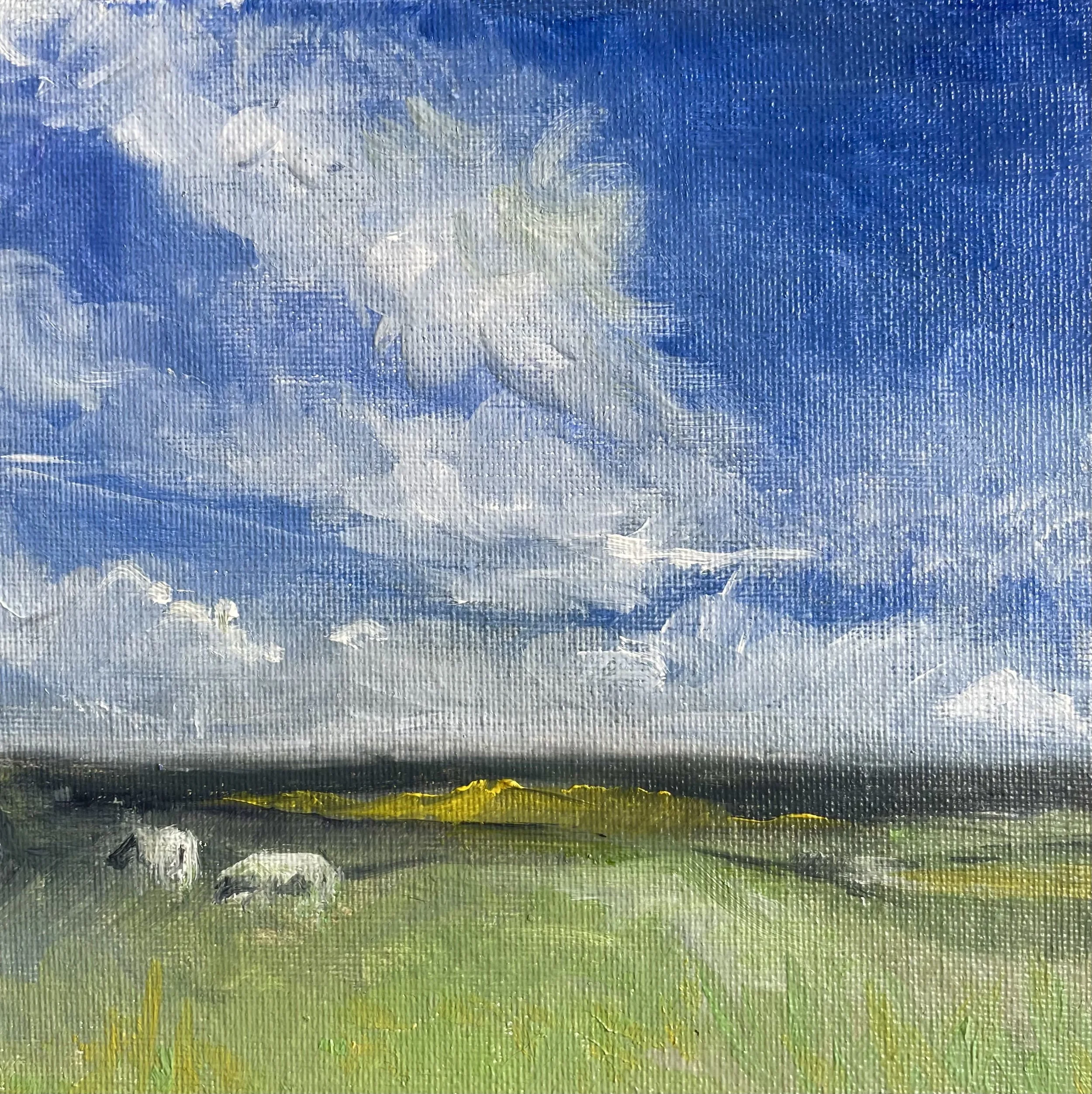 SHEEP ON COOMBE GIBBETT oil on board 15x15cms