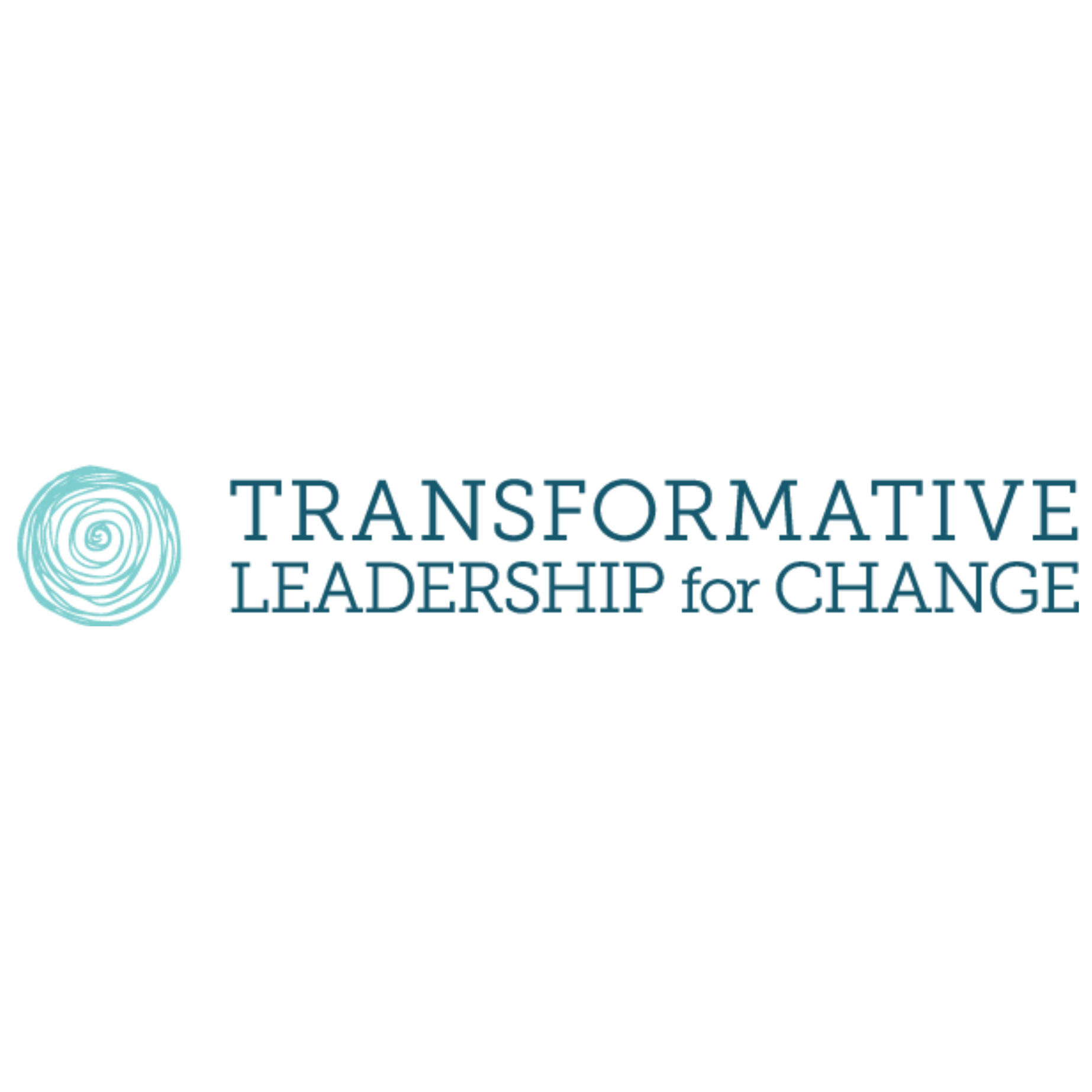 Transformative Leadership for Change logo with a blue spiral symbol next to the text.