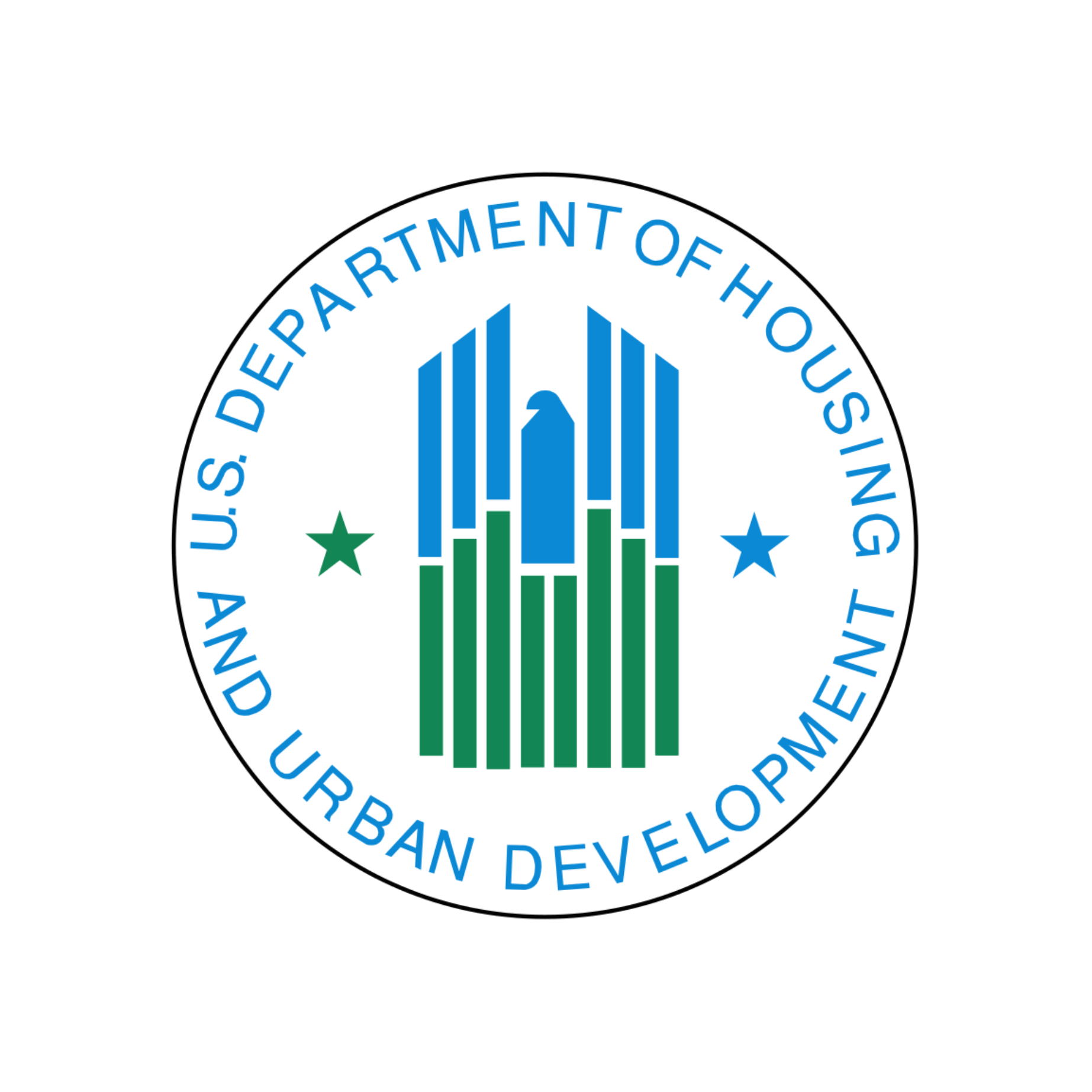 Seal of the U.S. Department of Housing and Urban Development featuring blue and green pillars with a stylized eagle.