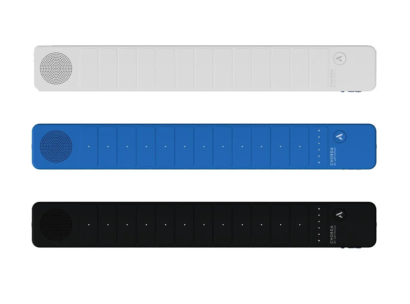Three portable electronic devices in gray, blue, and black, each with a speaker on one end, a series of small squares or dots, and a circular button with an 'A' on it.
