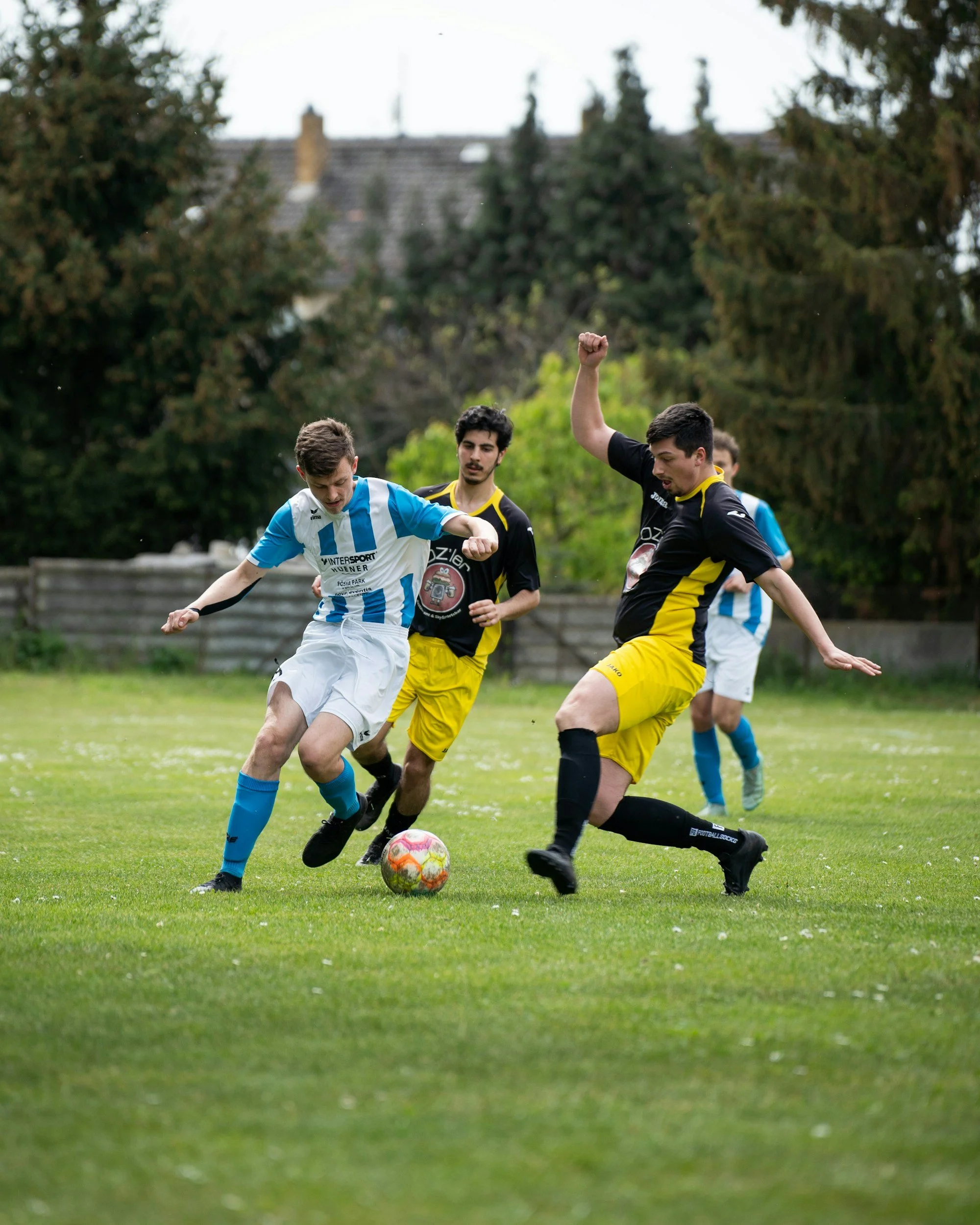 A soccer match with three players actively competing for the ball on a grassy field, surrounded by trees and a residential area in the background.