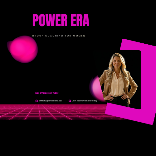 Promotional graphic for Power Era, a women’s group coaching program, with a woman in business attire smiling and standing in front of a pink and black background with geometric shapes and neon grid design.