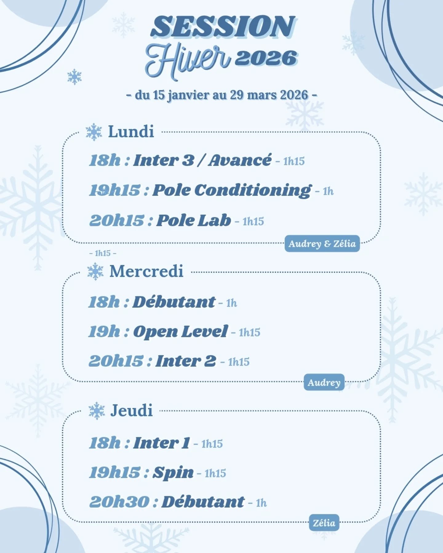 Et le voil&agrave;, le tout nouveau programme de la session Hiver 2026 ✨❄️

Avec plein de changements et de nouveaut&eacute;s 😱

Direction le site internet pour en apprendre plus sur nos cours et nos tarifs !

Les inscriptions ouvrent le lundi 8 dec
