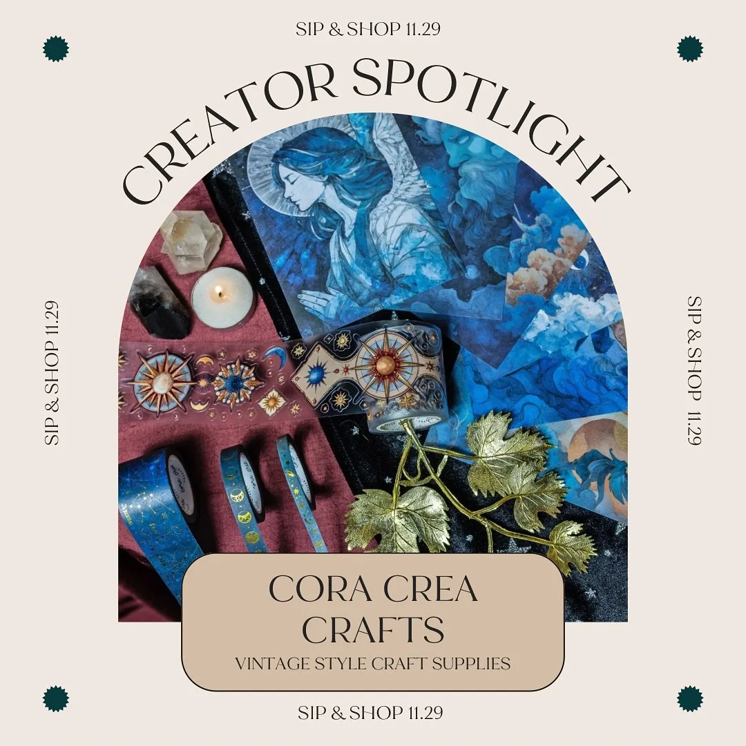 We are thrilled to announce the vendors joining our Sip &amp; Shop event! 🎉

✨First off is the lovely @coracreacrafts ✨

💌Cora Crea Craft is for the stationary lovers and journalers! With a vintage flare, this beautifully designed stationary shop h
