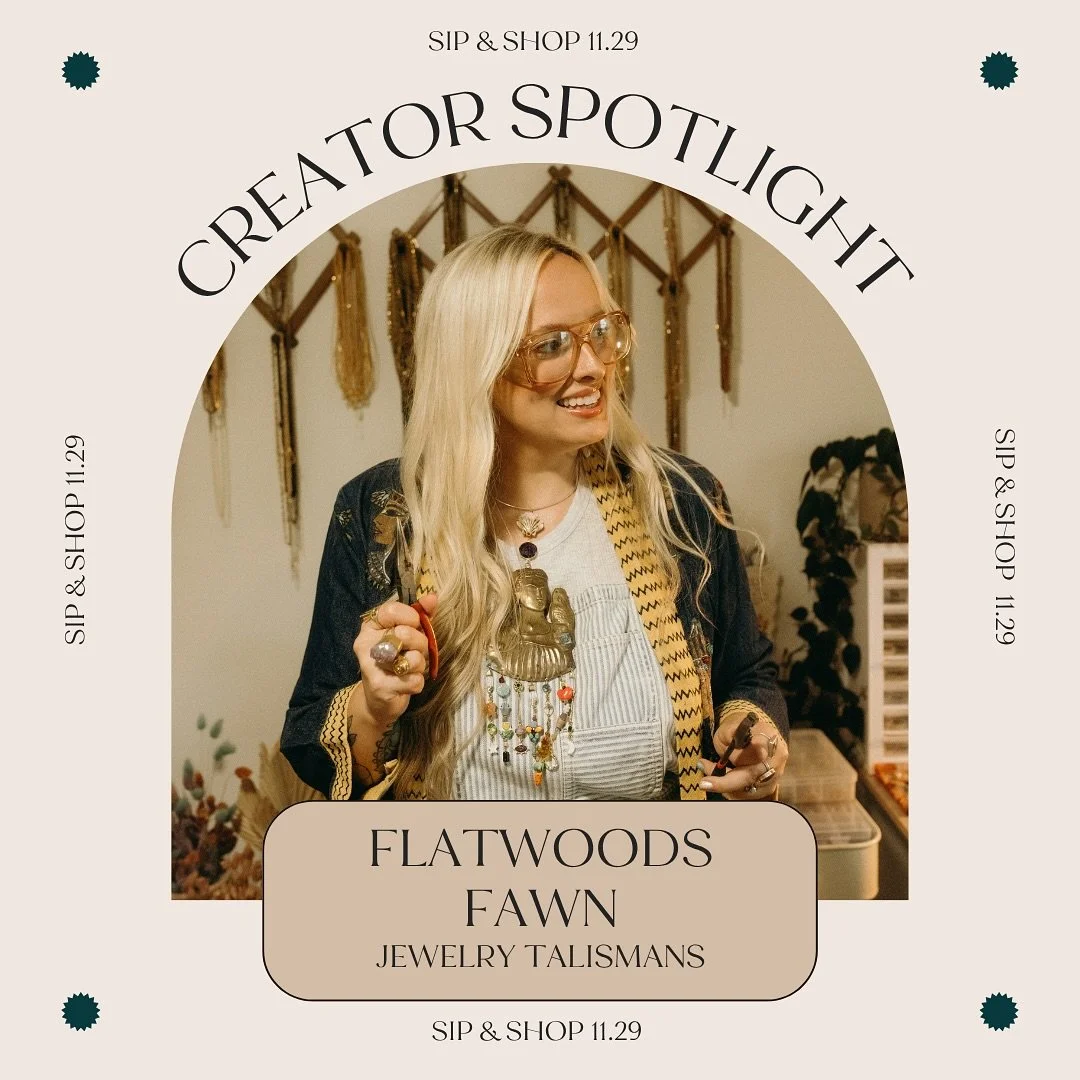 ✨Vendor Spotlight!✨ We are incredibly excited to host @flatwoodsfawn at our Sip &amp; Shop event! 

One of a kind, small-batch jewelry talismans, made here in Nashville by designer Ashley Massey. 

Flatwoods Fawn creates earrings and necklaces made f