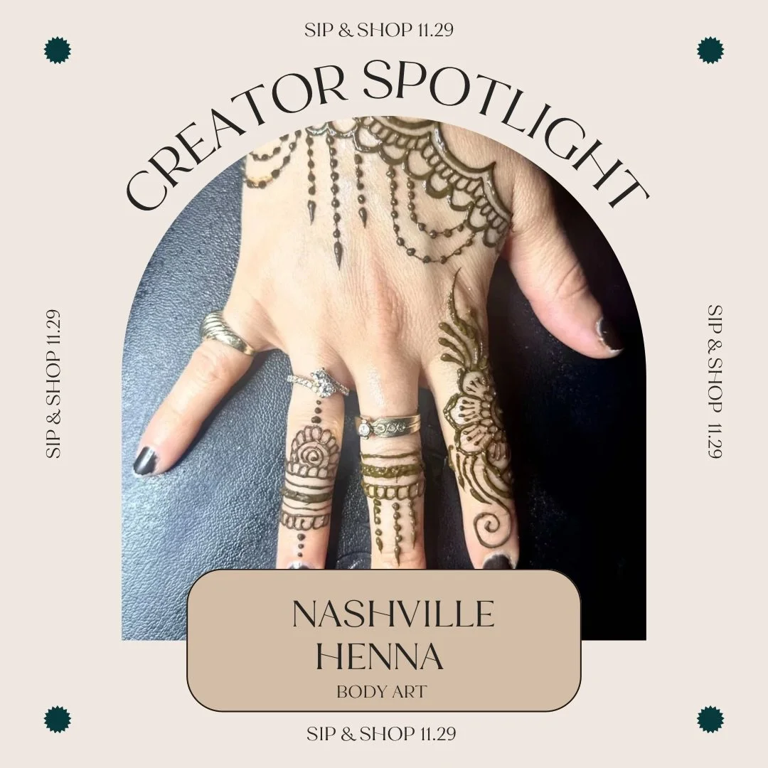 Stop by our Sip &amp; Shop tomorrow! Featuring amazing henna designs by @tn_hennaandbodyarts 

✨Inspired by classic and modern styles! 
✨High-quality, natural henna. 
✨Temporary body art that is beautiful and safe! 

See you tomorrow! 

11/29/25
6-8p