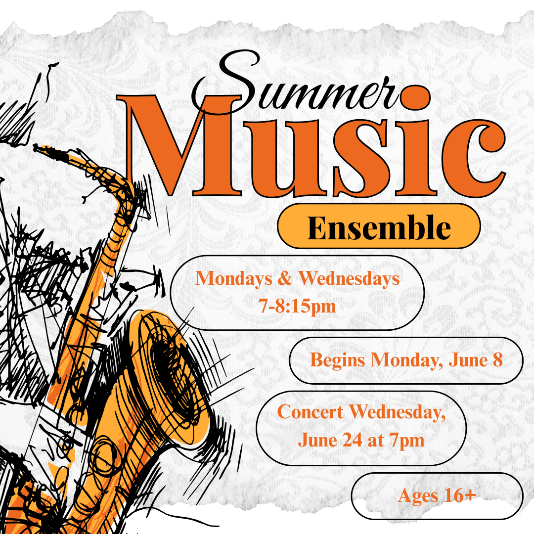 Graphic for Summer Music Ensemble featuring a sketched saxophone