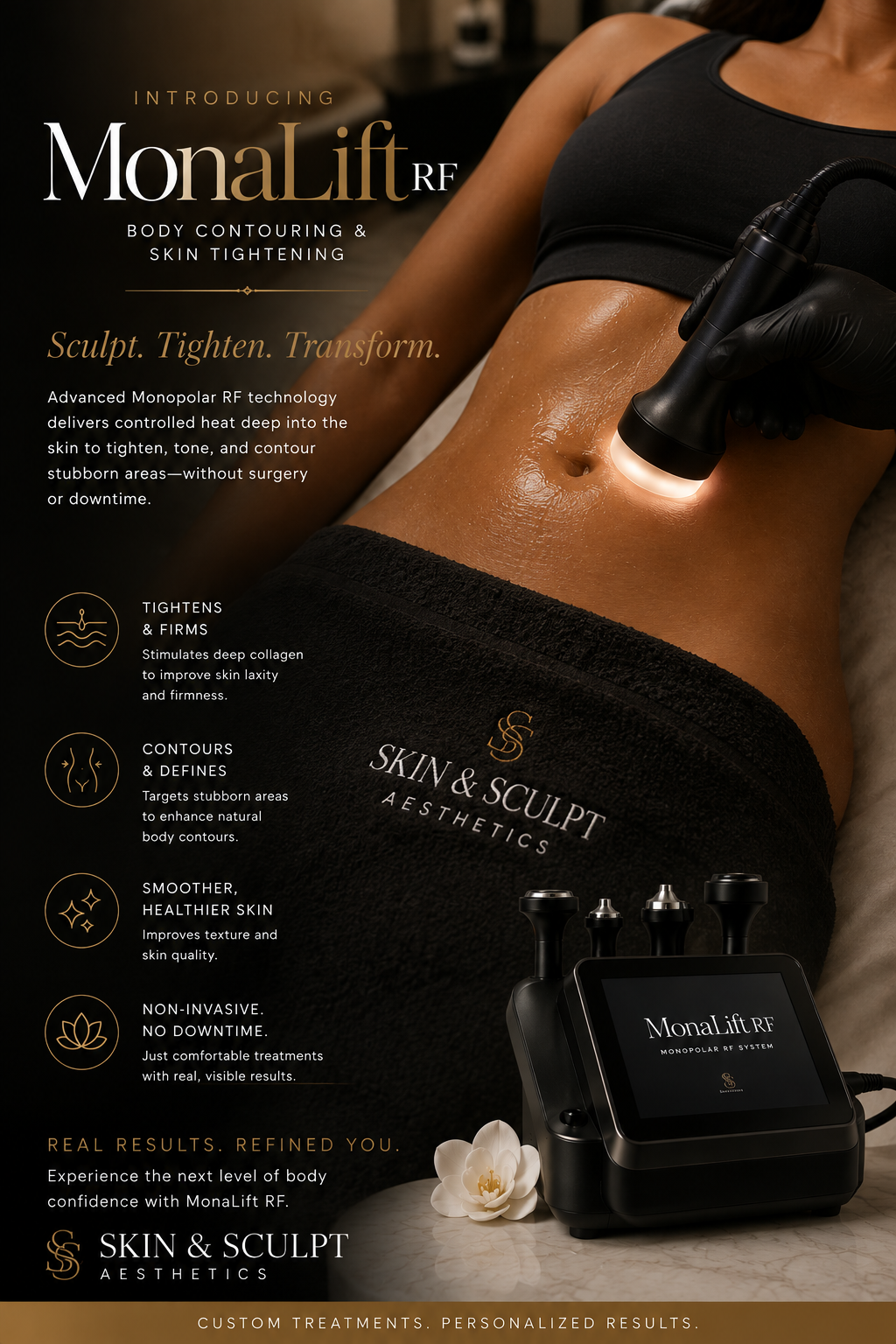 A woman is lying down with her shirt lifted, receiving a body contouring treatment using a black handheld device emitting light, on her abdomen. A technician wears black gloves. Promotional text about MonalLift RF skin and body tightening technology is visible on the image.