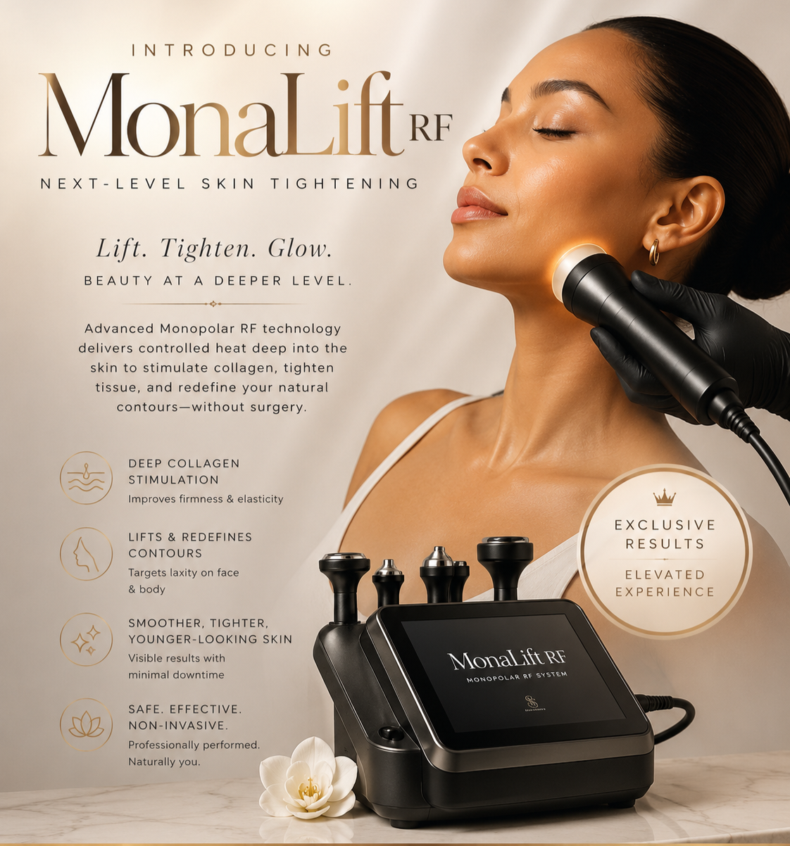 Advertisement for Monalift RF skin tightening device showing a woman receiving treatment with a handheld device on her cheek, with the device connected to a machine, and promotional text highlighting its features and benefits.
