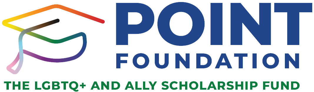 Logo of Point Foundation with colorful pencils and text indicating support for LGBTQ+ and allies scholarship fund.