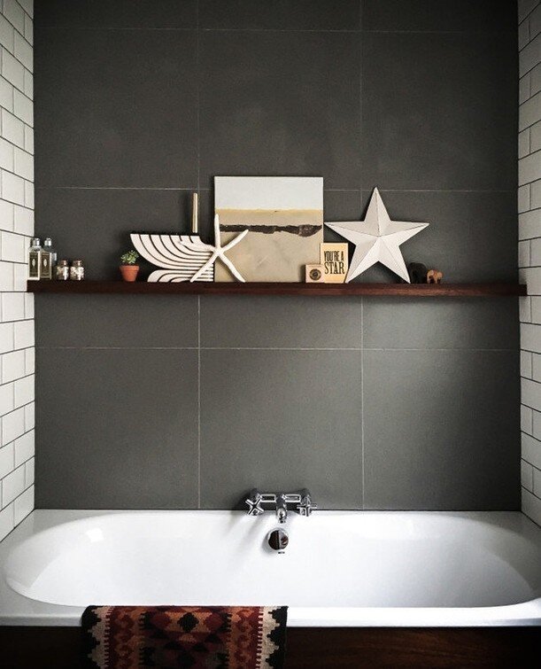 Throwback Thursday. This bathroom from the archives made use of earthy tones and an old teak laboratory worktop (shelf and bathside). 

Meanwhile, the current install is starting to come together. Bauwerk paint up, brass lighting in (and on!) Now, if