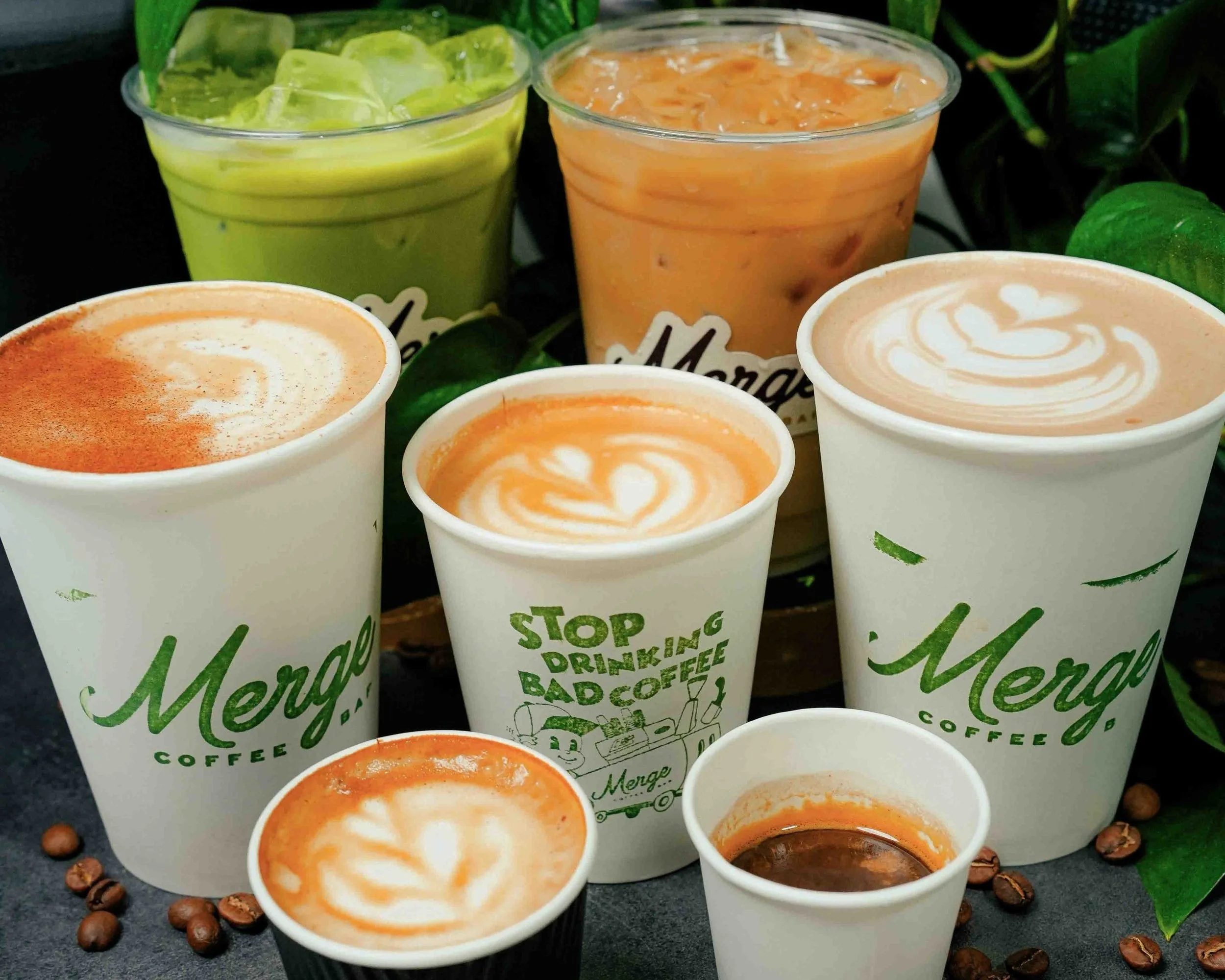Assorted espresso drinks from Merge Coffee Bar — inclusive menu with decaf options, matcha, and hot chocolate for private events in Nashville