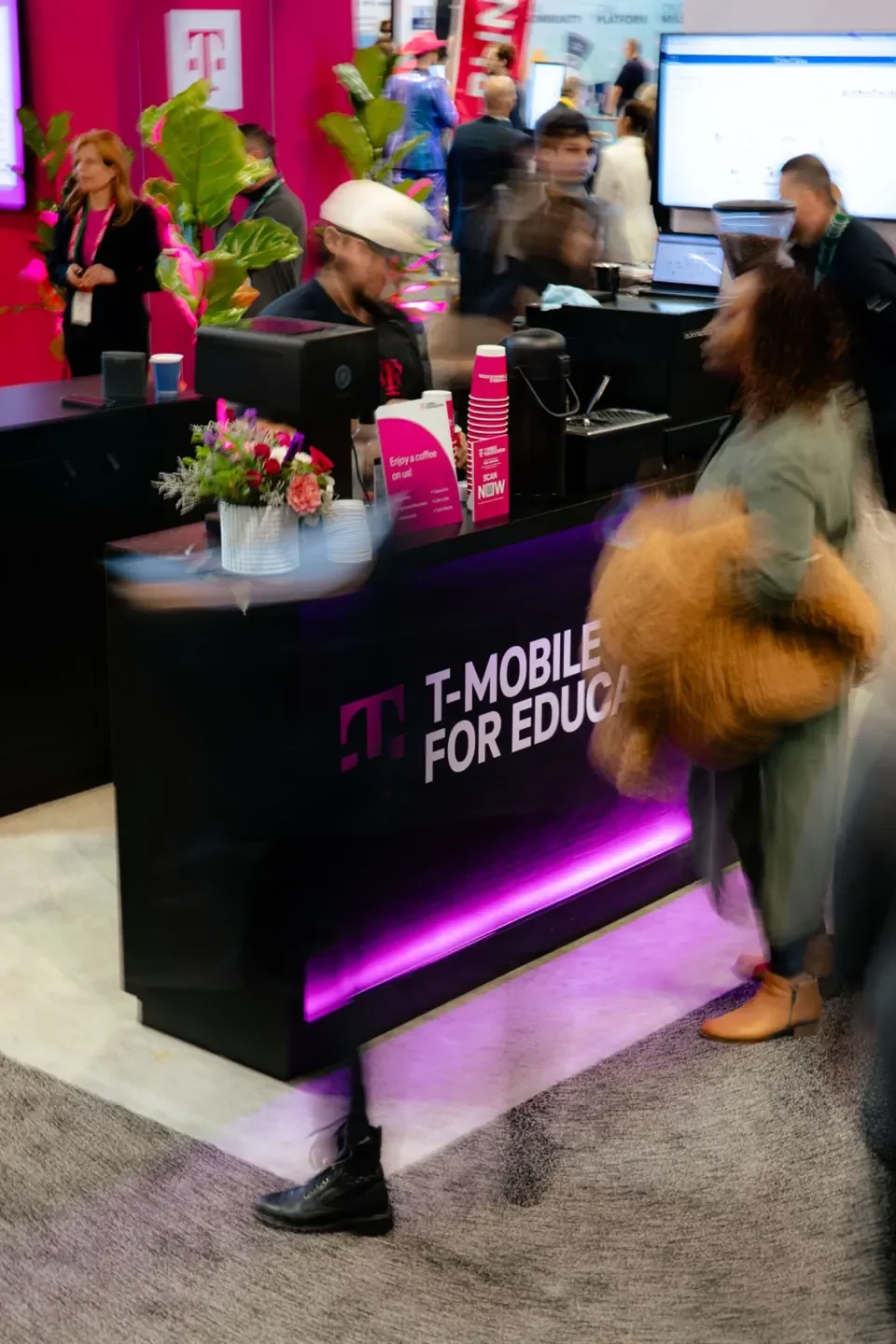 High-volume coffee catering station at a conference expo, serving attendees quickly