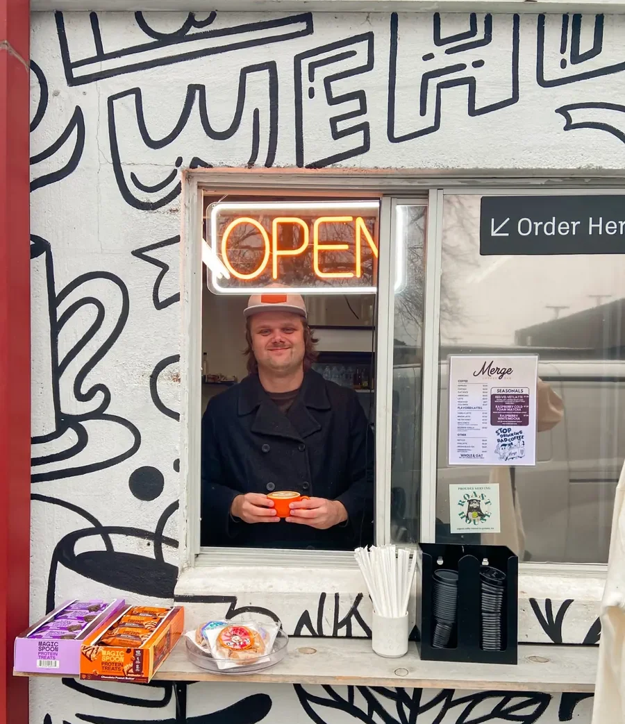 Merge Coffee Bar walk-up window in Wedgewood-Houston Nashville, serving coffee at the pickup window