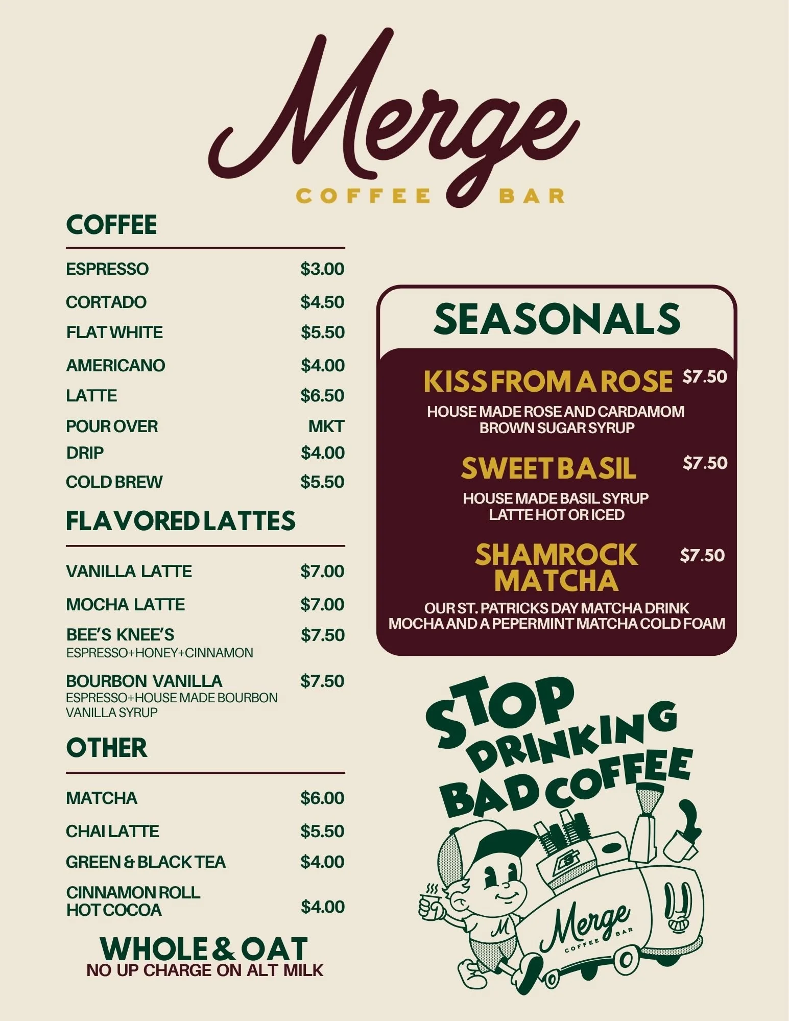 Coffee menu for the Wedgewood houston shop coffee tea matcha chai espresso drinks