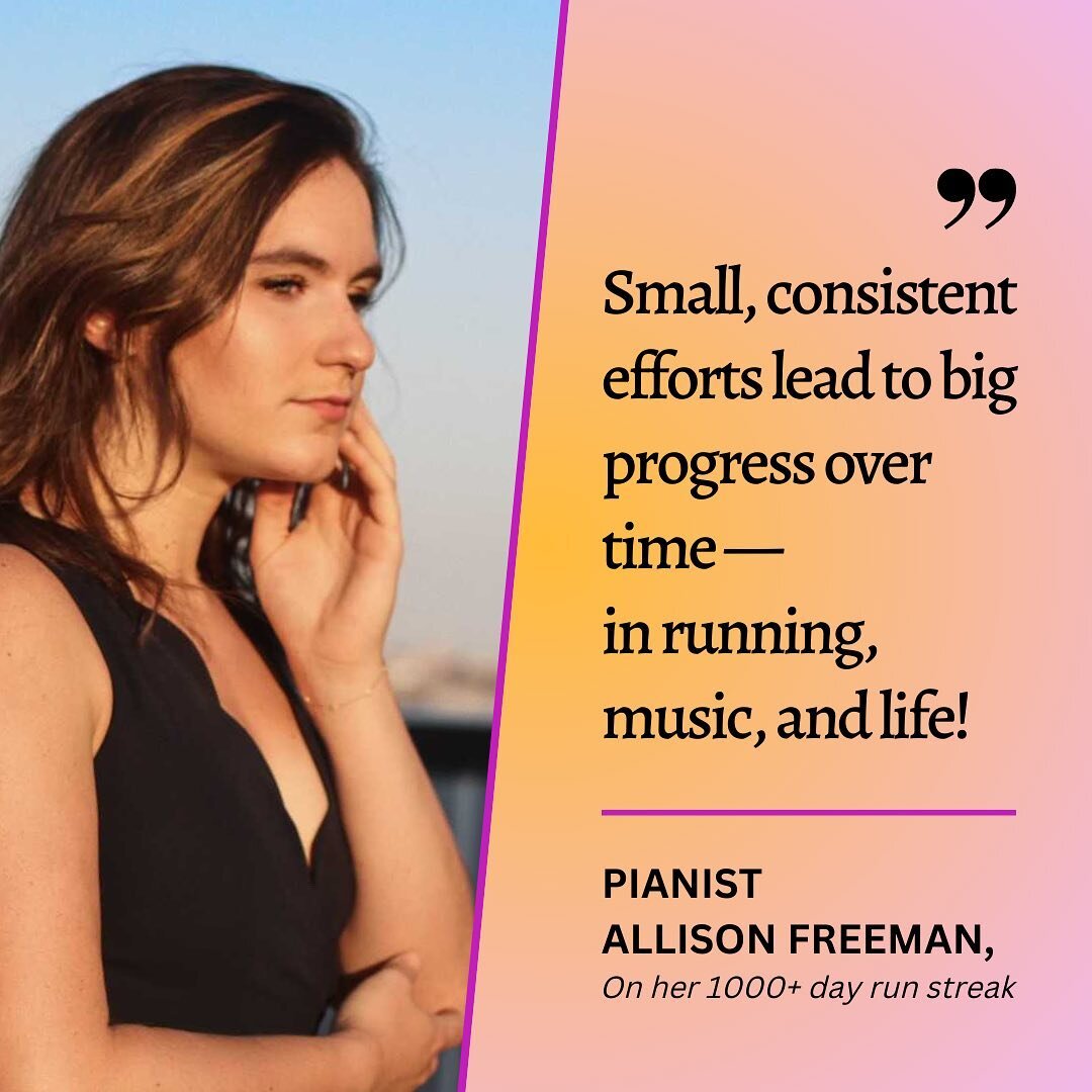 Our fourth musician-runner feature is pianist ALLISON FREEMAN (@allie.therunningpianist). Today is a super special day for Allison ~ it&rsquo;s her 3rd year of consecutively running minimum 5k a day, every day, AND today she argued her first case in 