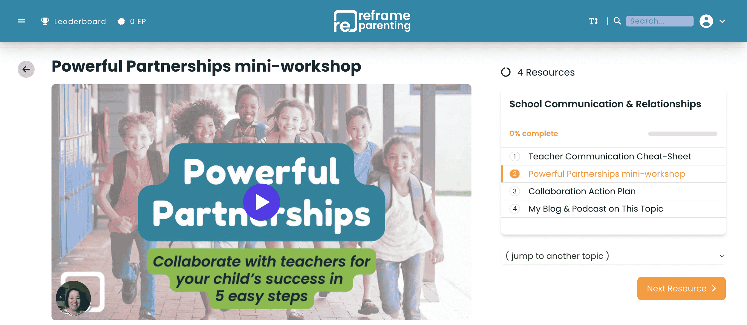 Online educational platform screen showing a mini-workshop titled "Powerful Partnerships" with an image of smiling children walking in a school hallway and a green banner stating "Collaborate with teachers for your child's success in 5 easy steps."