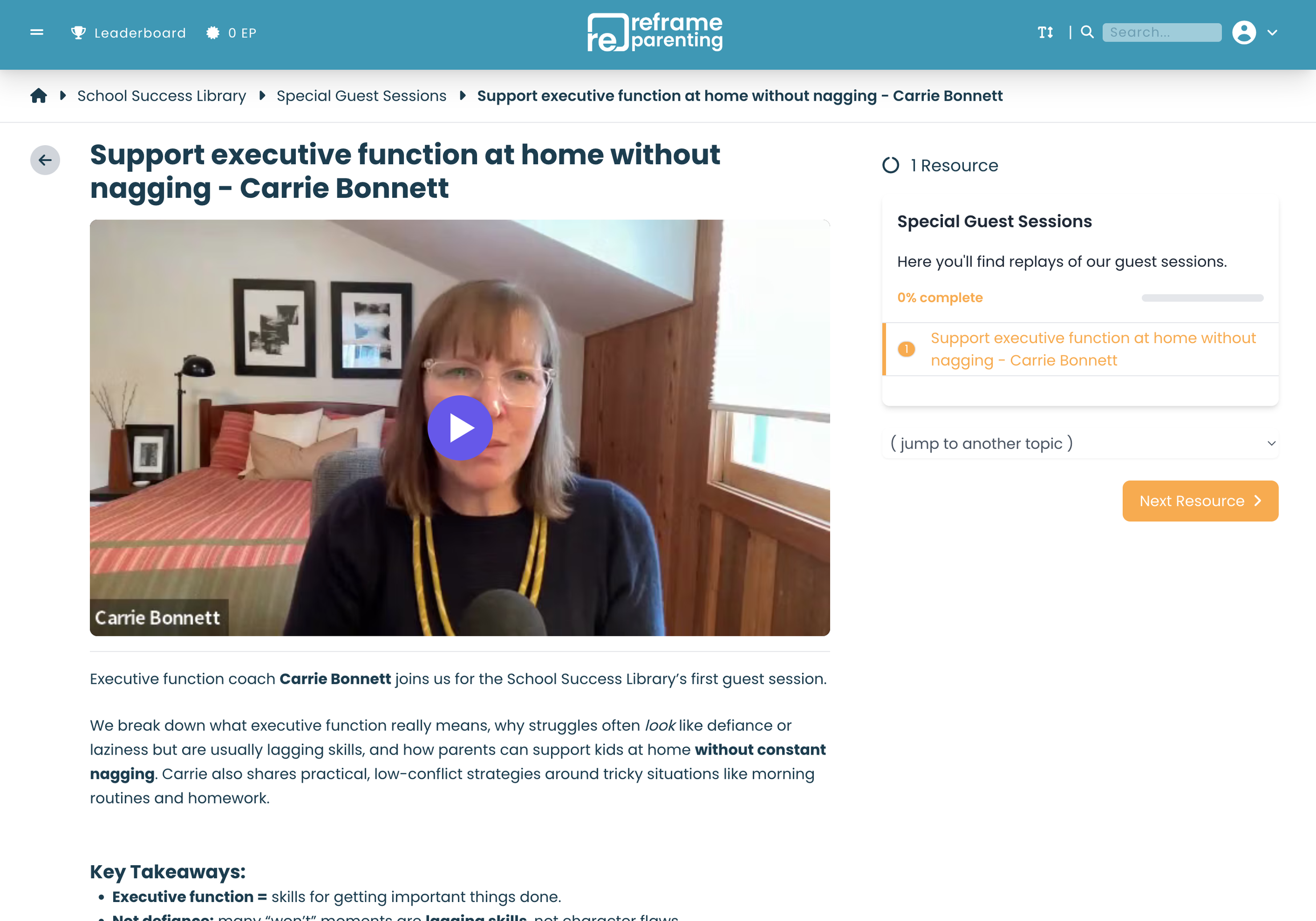 Screenshot of an online training session featuring Carrie Bonnett, an executive function coach, during a web presentation on supporting executive function at home without nagging. The screen shows a woman with glasses and shoulder-length hair, sitting in a room with a bed, framed pictures, and a window in the background.