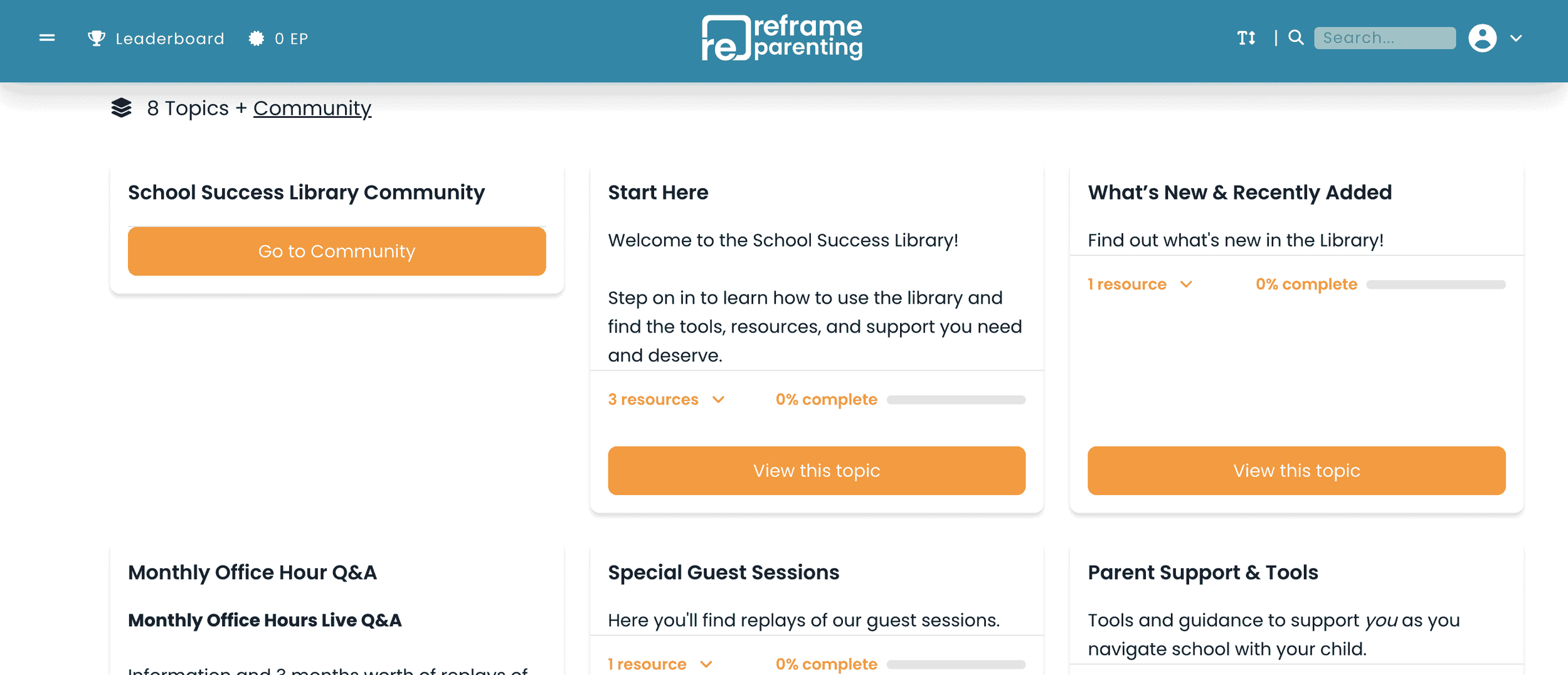 Screenshot of a school success library webpage with sections for community, start here, new resources, office hours, guest sessions, and parent tools, featuring orange buttons and a blue header.