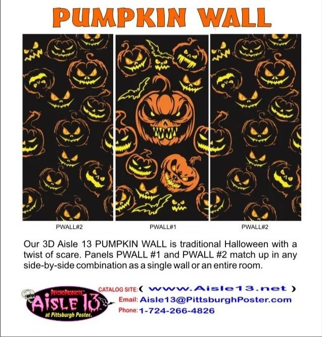 Advertisement for Pumpkin Wall Halloween decorations displaying three different wall wrap designs with various glowing jack-o'-lantern faces, labeled as PWALL#1 and PWALL#2, with the headline 'Pumpkin Wall' in orange at the top.