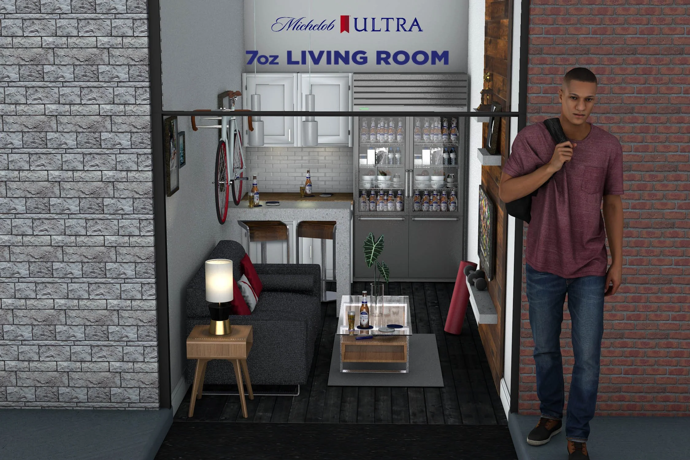 Michelob Ultra 7oz Experiential Living Room. 1/7 scale to promote the new product release. Custom environments built out in urban locations.