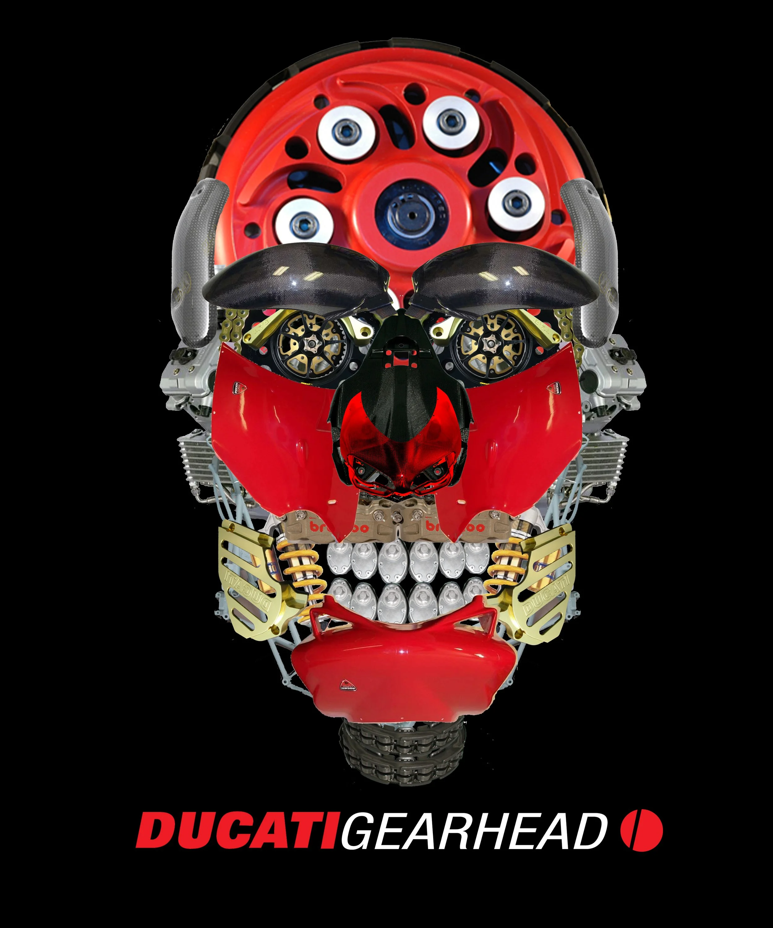 Ducati Gearhead 
Digital illustration of a skull utilizing Ducati motorcycle parts.