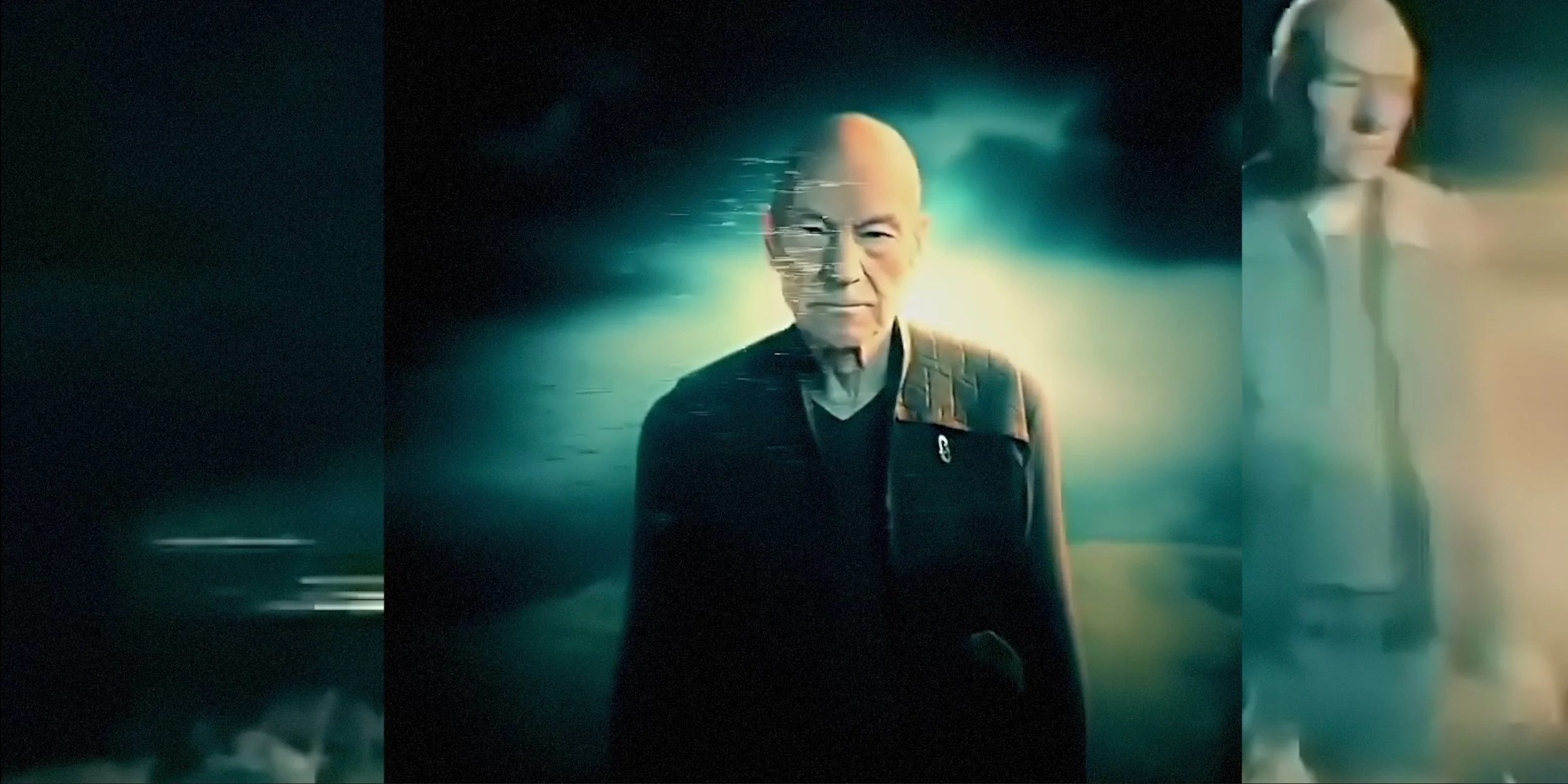 A man with a bald head and wearing glasses, standing in a digital or sci-fi environment with a glowing green and yellow background, slightly smiling.
