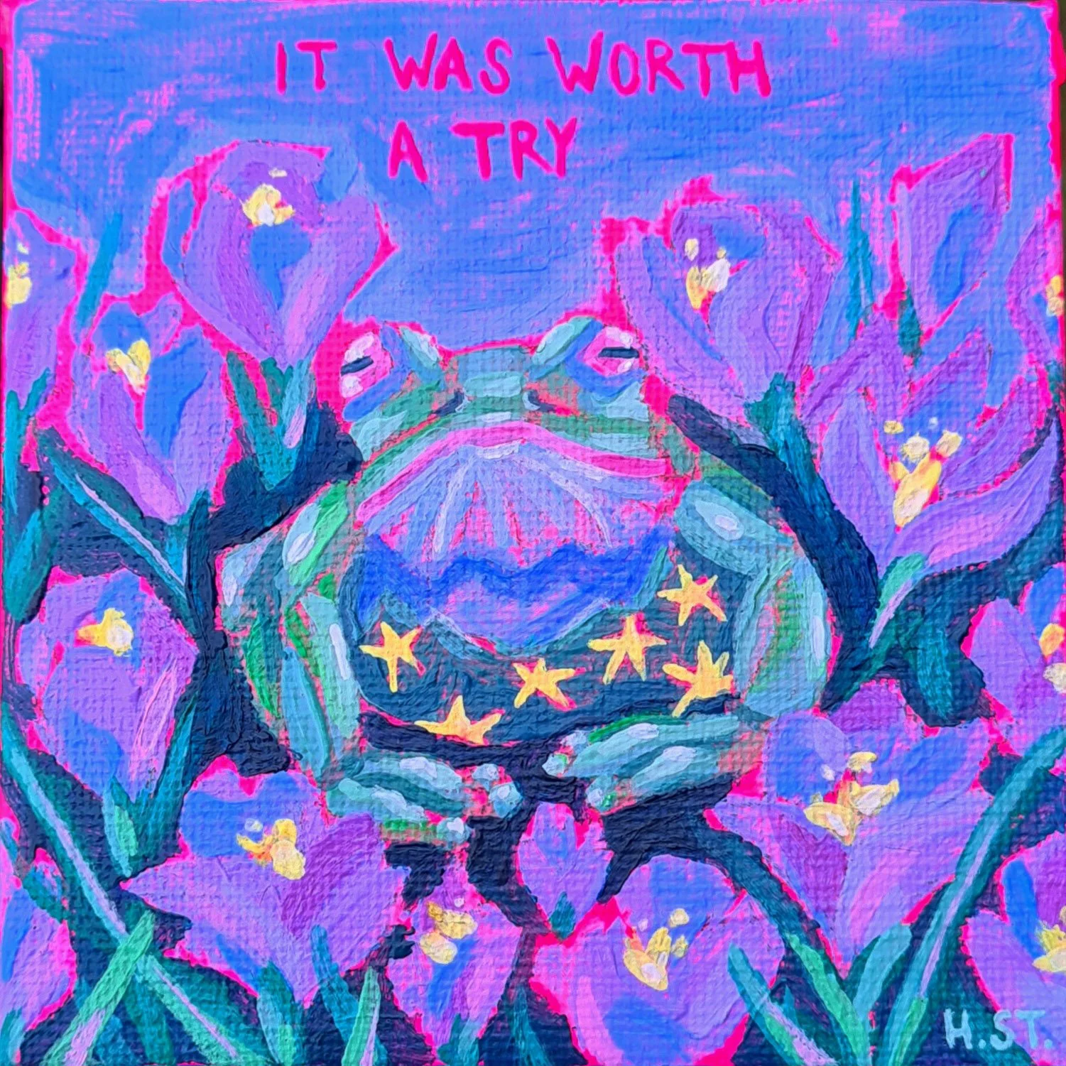 Acrylmalerei mit Frosch Motiv in Krokussen mit dem Schriftzug »It was worth a try« von der Künstlerin Hannah Stollenwerk