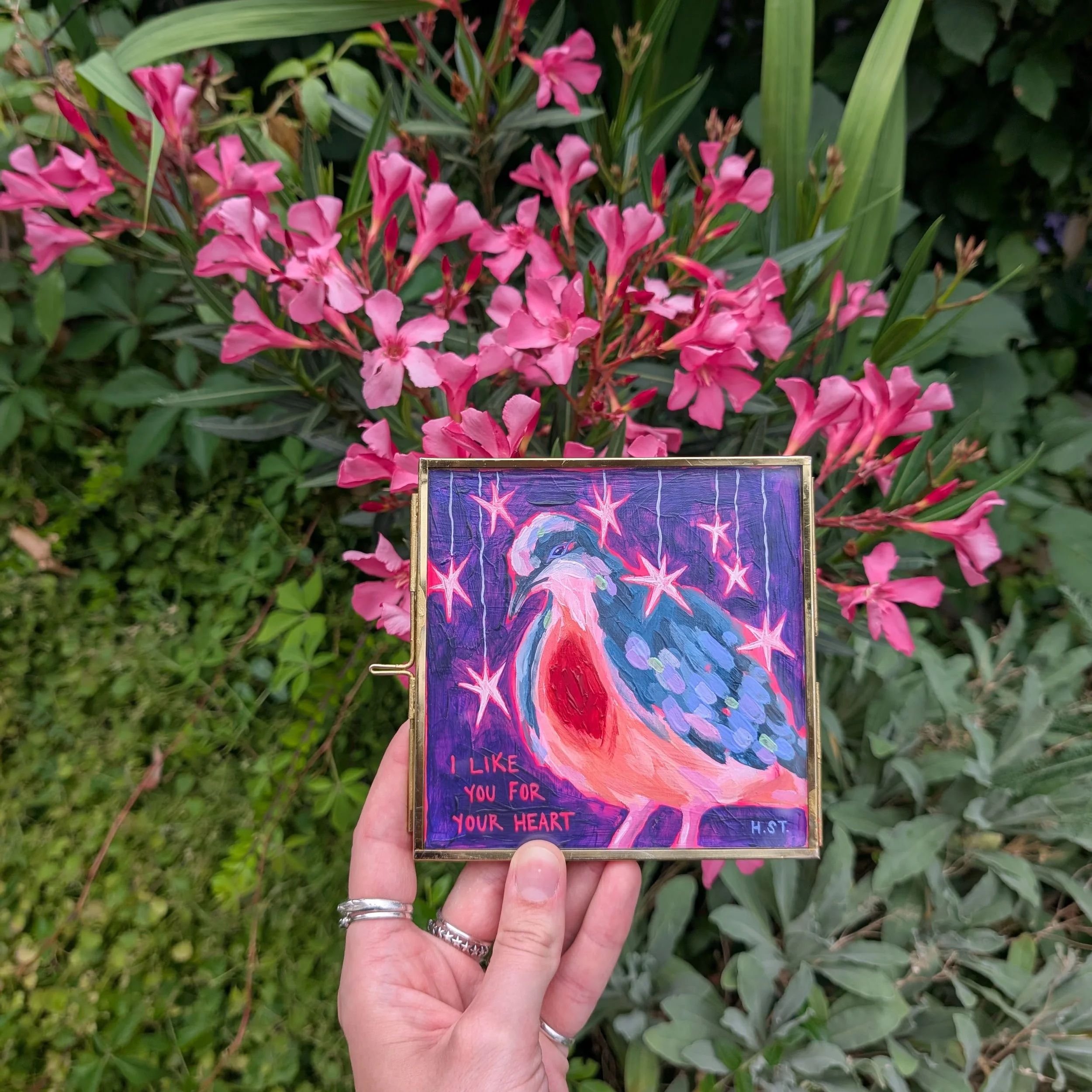 Originale Acrylmalerei mit “Bleeding Heart Dove”-Motiv auf großem Glass Locket, von der Künstlerin Hannah Stollenwerk
