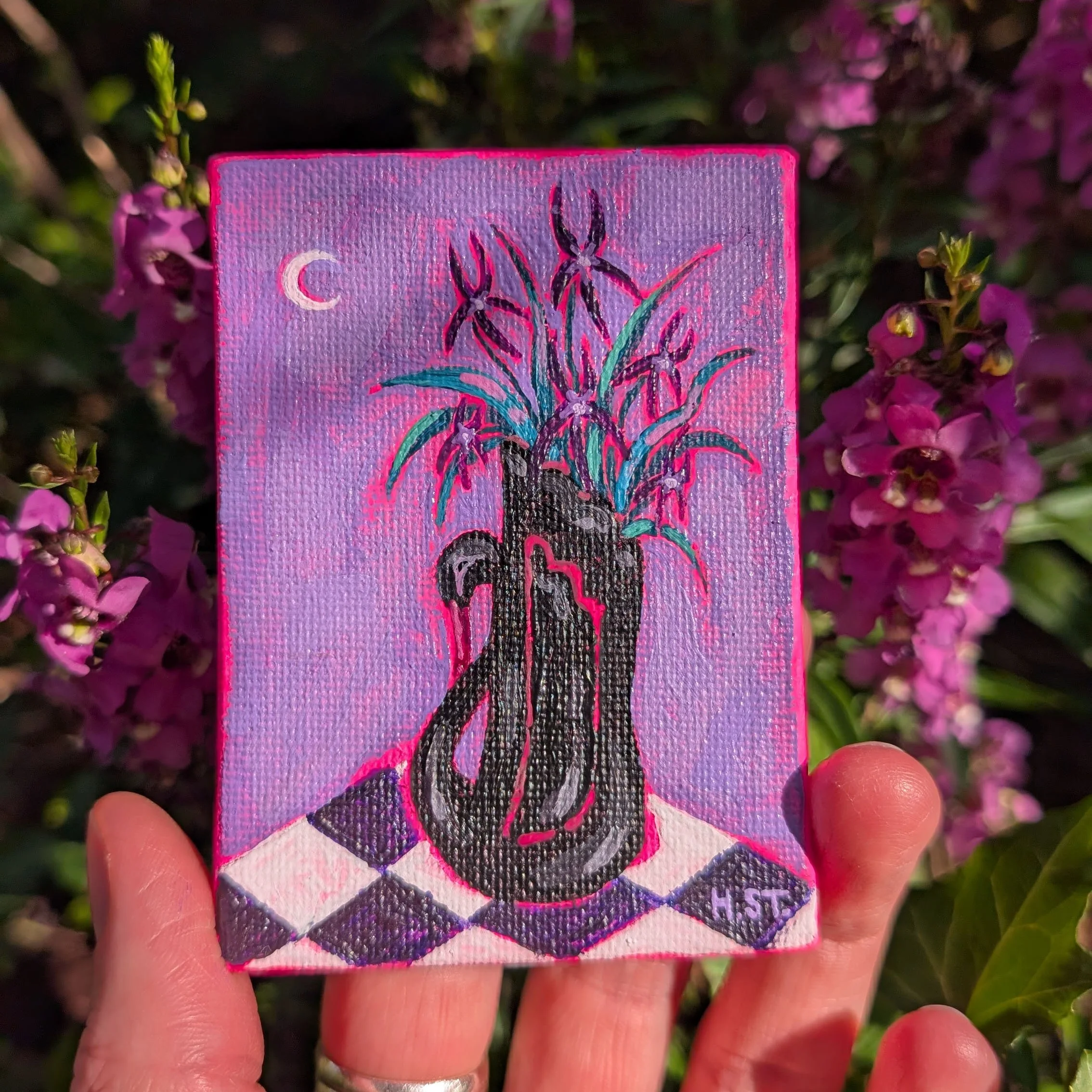 Originale Malerei einer Blumenvase in Schwanenform in Acryl von der Künstlerin Hannah Stollenwerk auf Leinwand