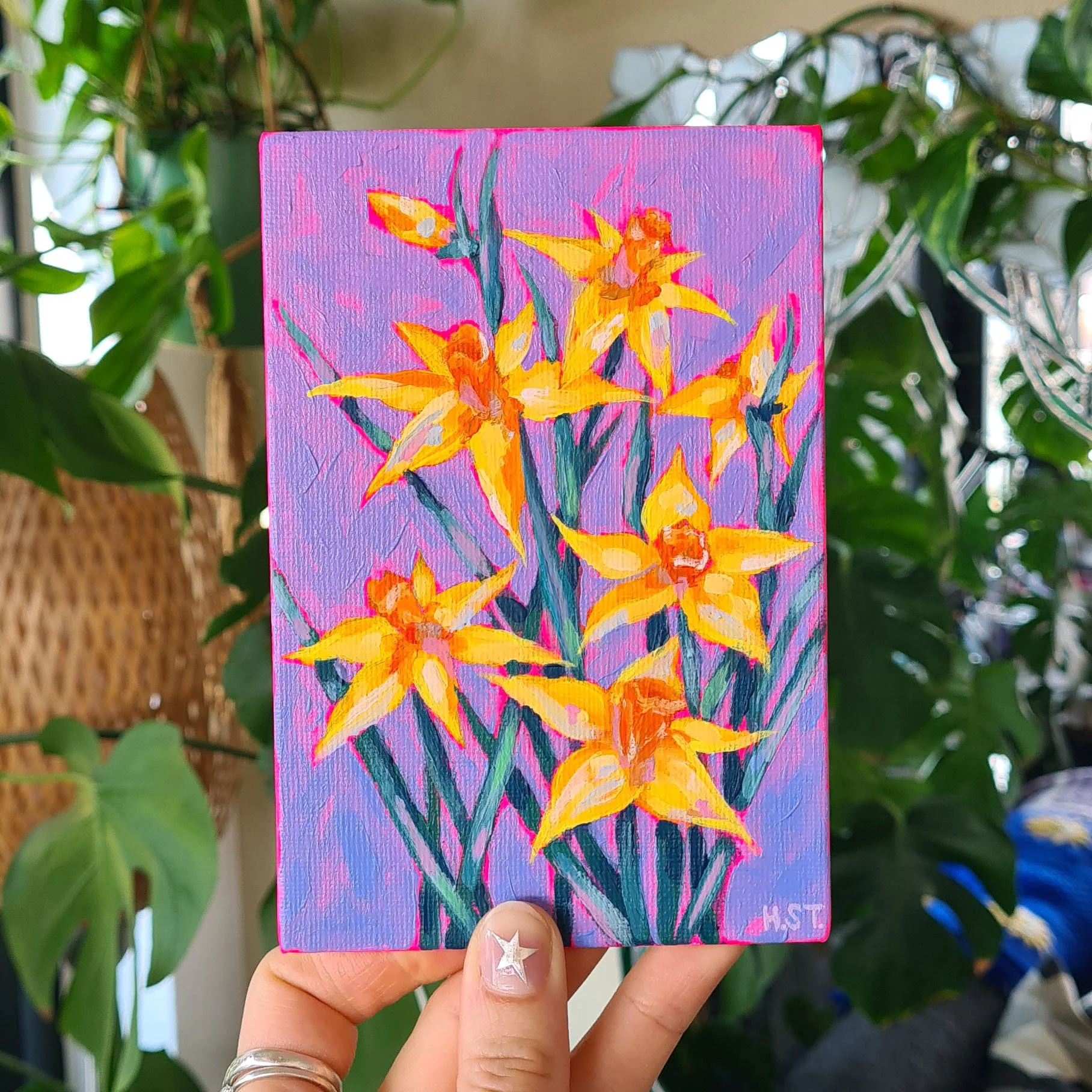 Originale Acrylmalerei mit Narzissen-Motiv auf Leinwand-Board von der Künstlerin Hannah Stollenwerk