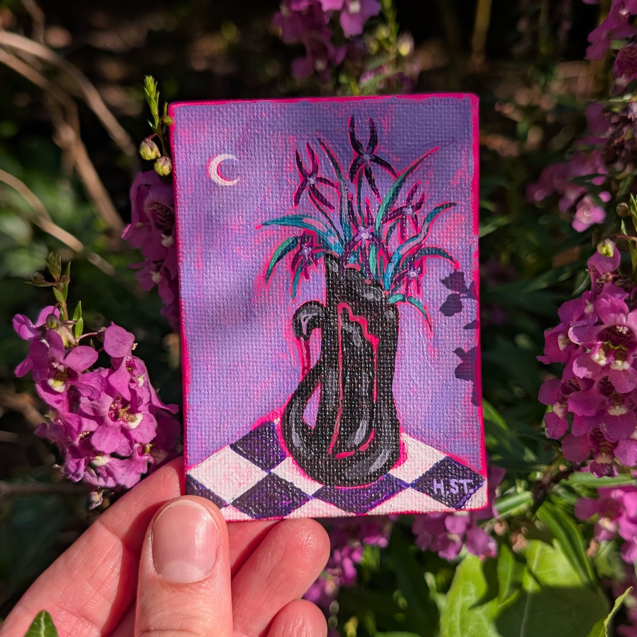Originale Malerei einer Blumenvase in Schwanenform in Acryl von der Künstlerin Hannah Stollenwerk auf Leinwand
