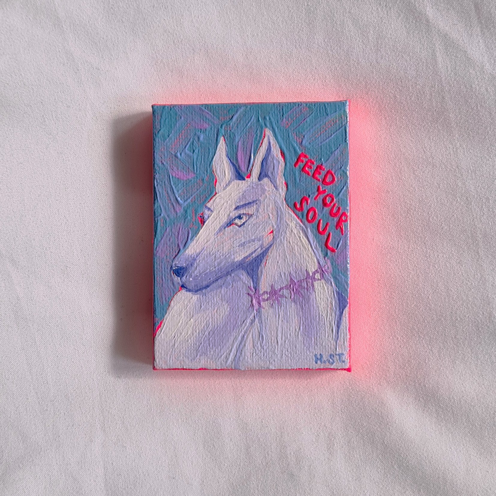 »Feed your Soul«, originale Acrylmalerei mit Windhund-Motiv auf mini Leinwand von der Künstlerin Hannah Stollenwerk