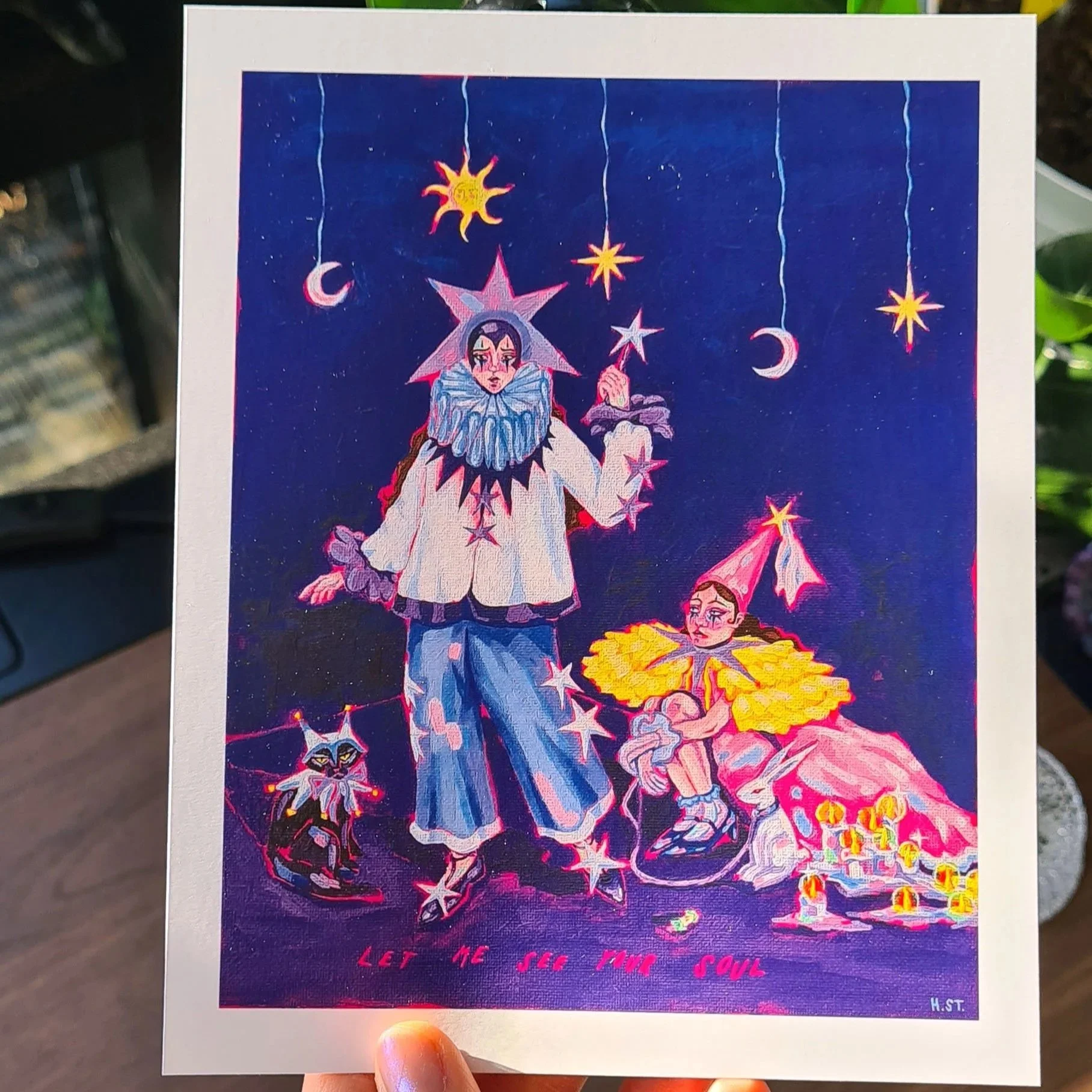 »Clown Girls« Kunstdruck mit dem Schriftzug »Let me see your Soul« von der Acrylmalerei der Künstlerin Hannah Stollenwerk.jpg.jpg