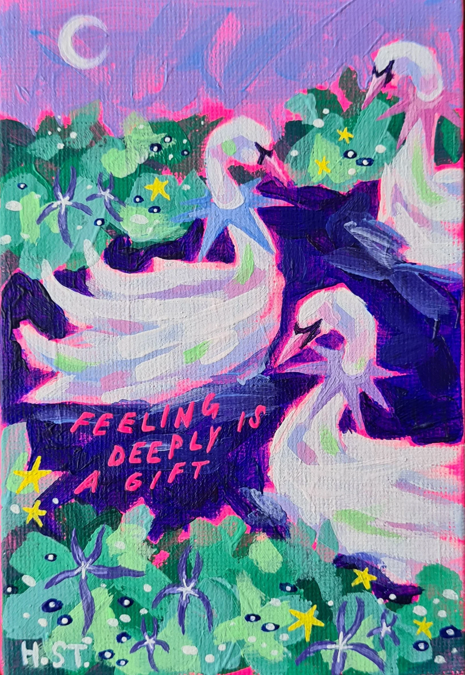 Acrylmalerei "Feeling deeply is a gift" mit drei Schwänen auf einem See umringt von Blumen und Sternen, von der Künstlerin Hannah Stollenwerk