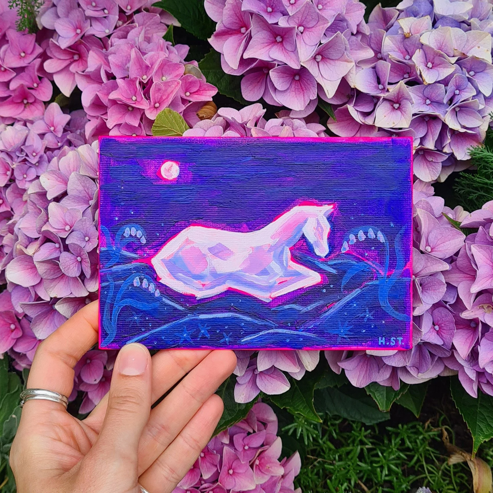 Magic Horse Acrylmalerei auf Leinwand. Weißes Pferd vor blauem Hintergrund mit leuchtenden Blumen von der Künstlerin Hannah Stollenwerk
