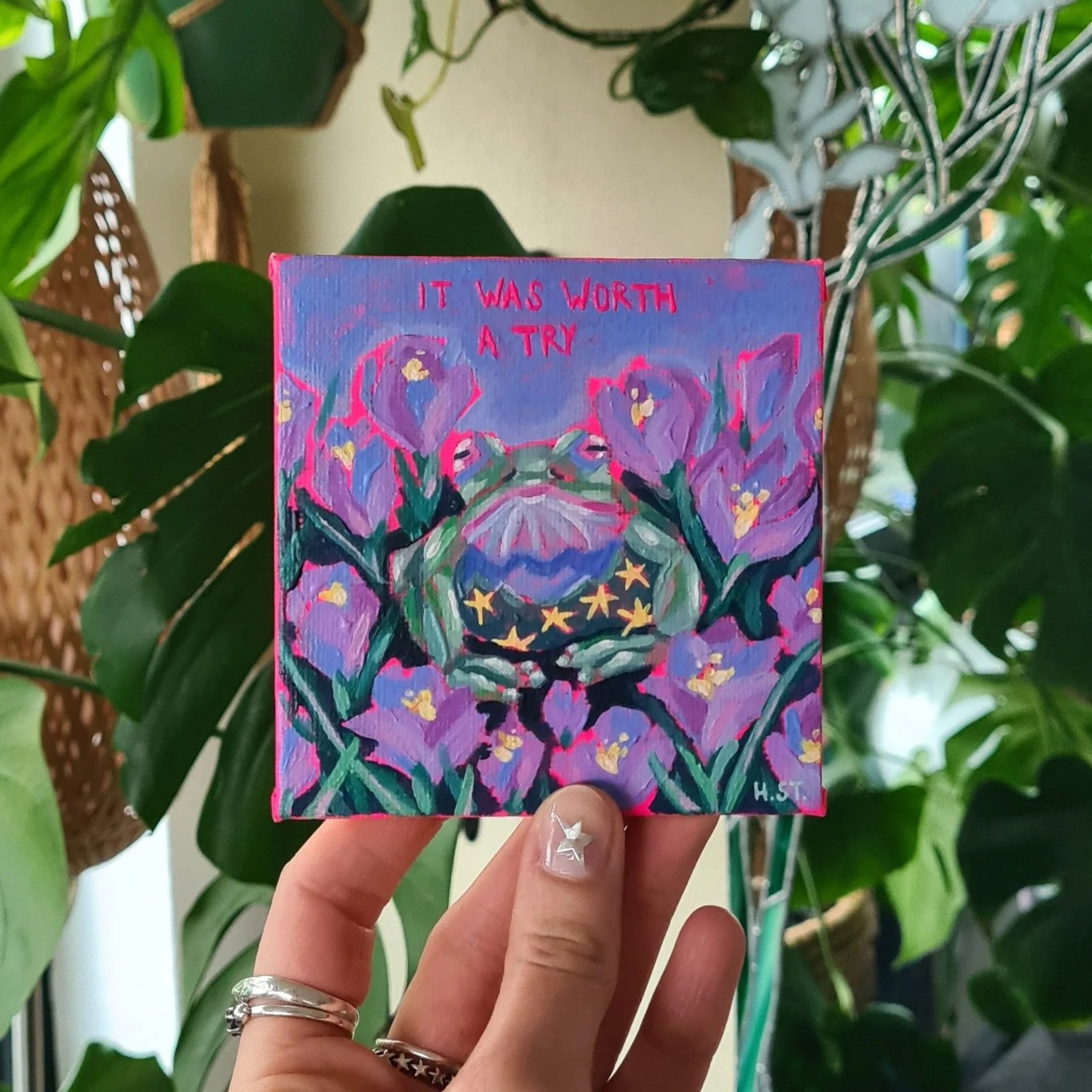 Originale Acrylmalerei mit Frosch-Motiv und Krokussen auf Leinwand-Board
