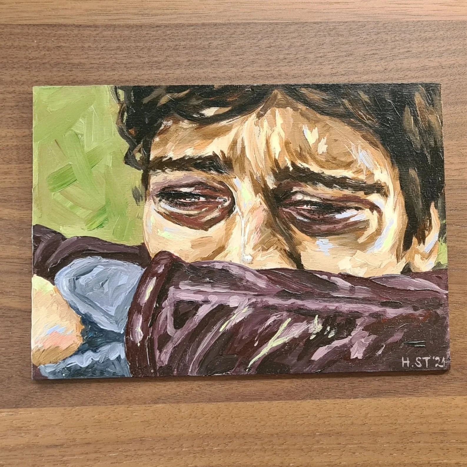 Portrait »Crying«, originale Acrylmalerei auf Holzplatte, Künstlerin Hannah Stollenwerk
