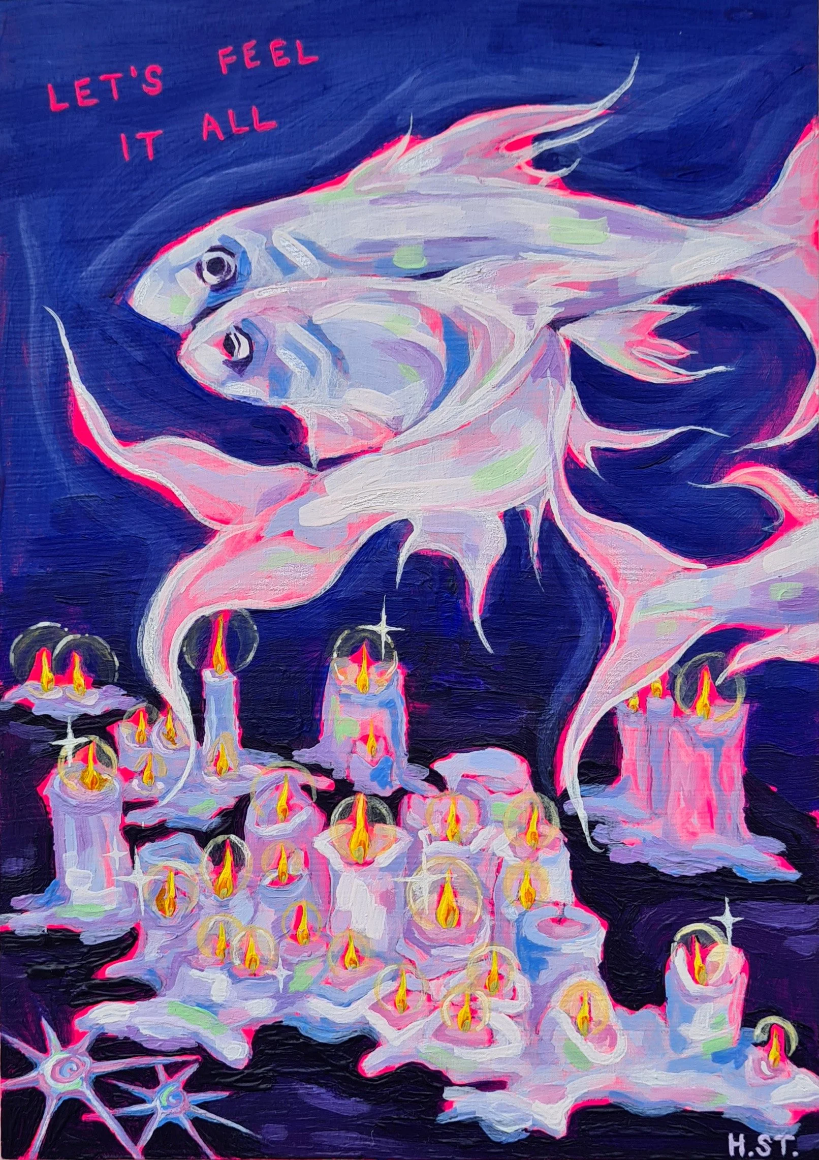 Acrylmalerei von Fischen und Kerzen unter Wasser mit dem Schriftzug "Let’s feel it all"