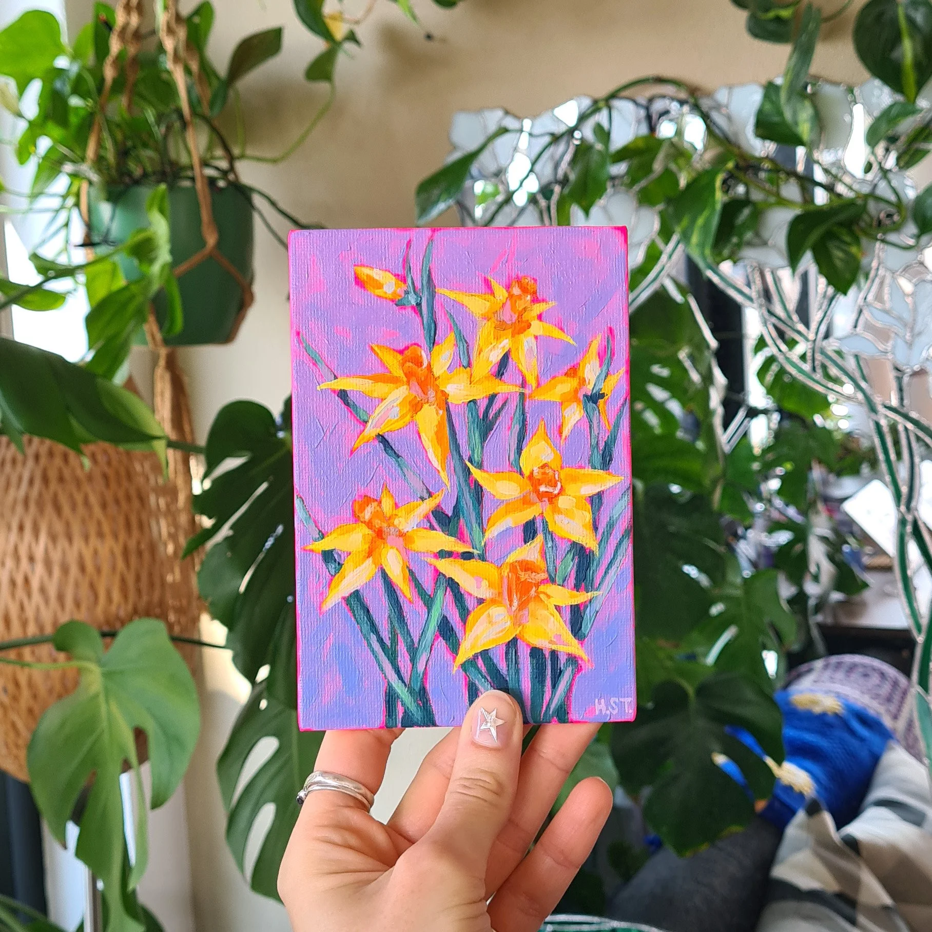 Originale Acrylmalerei mit Narzissen-Motiv auf Leinwand-Board von der Künstlerin Hannah Stollenwerk