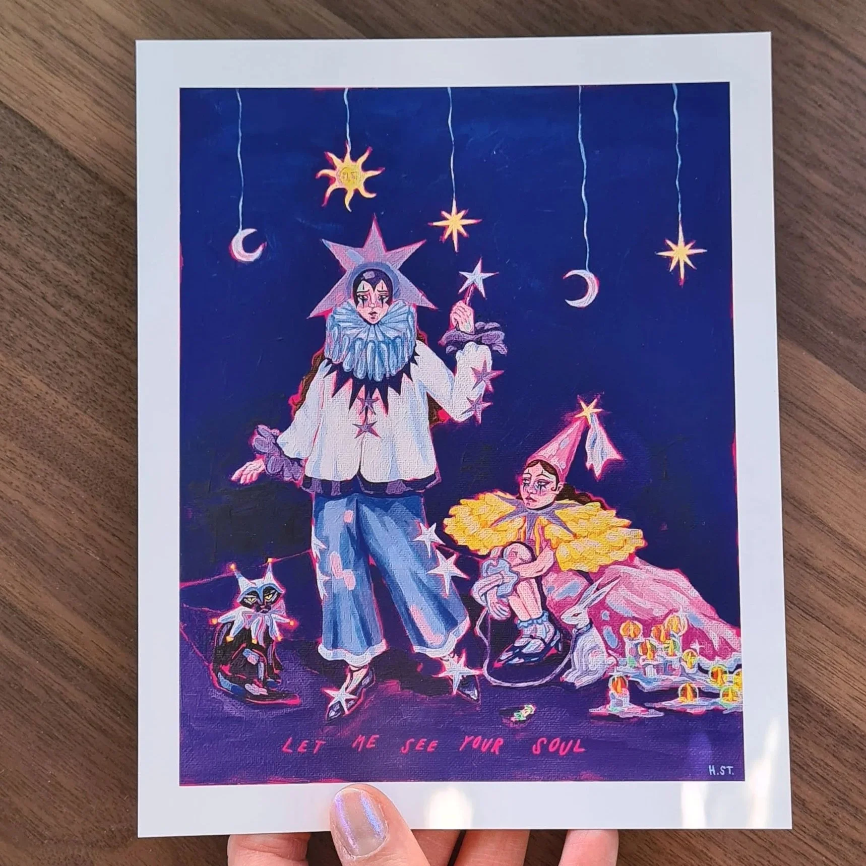 »Clown Girls« Kunstdruck mit dem Schriftzug »Let me see your Soul« von der Acrylmalerei der Künstlerin Hannah Stollenwerk.jpg.jpg