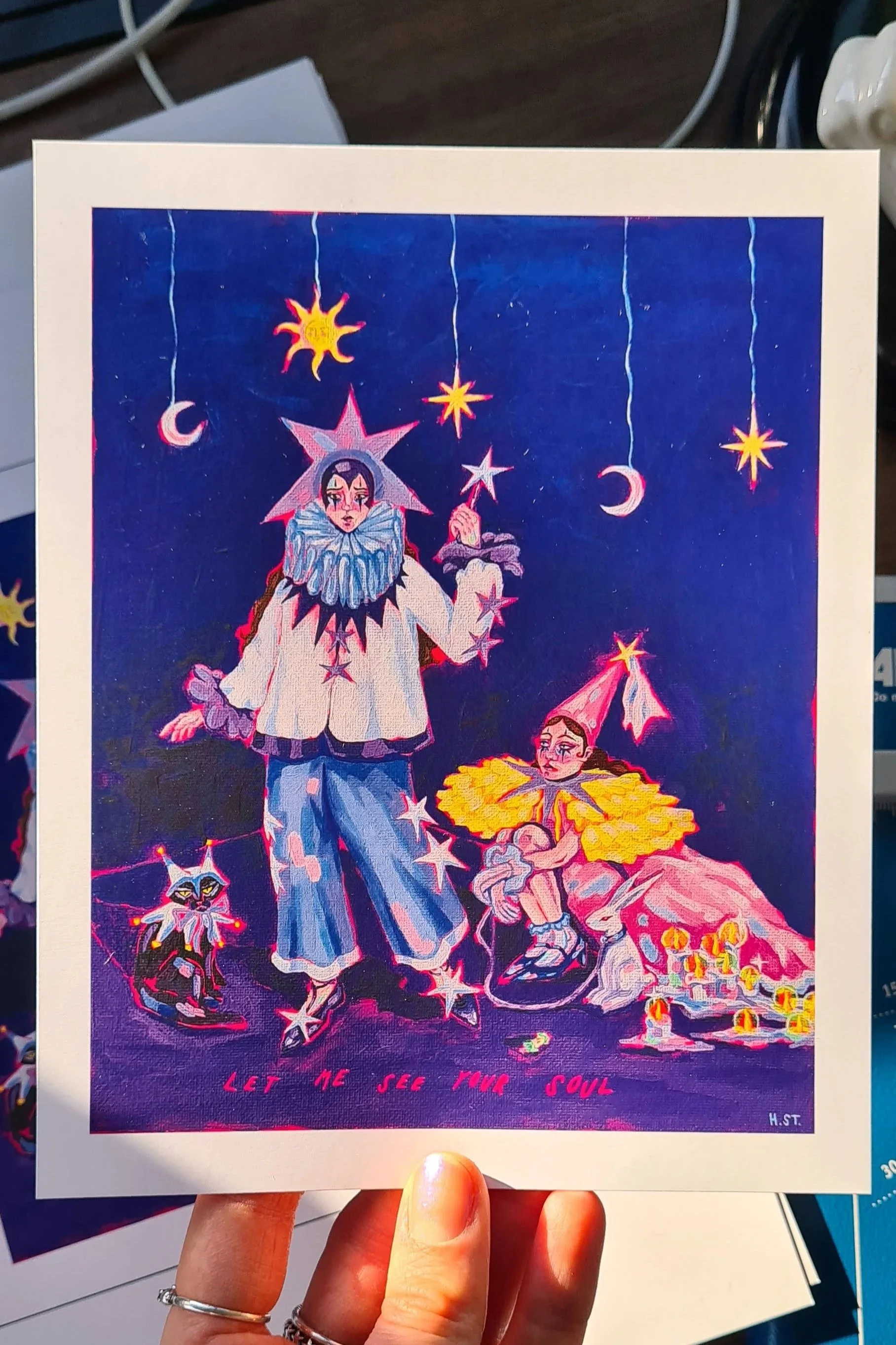 »Clown Girls« Kunstdruck mit dem Schriftzug »Let me see your Soul« von der Acrylmalerei der Künstlerin Hannah Stollenwerk.jpg.jpg