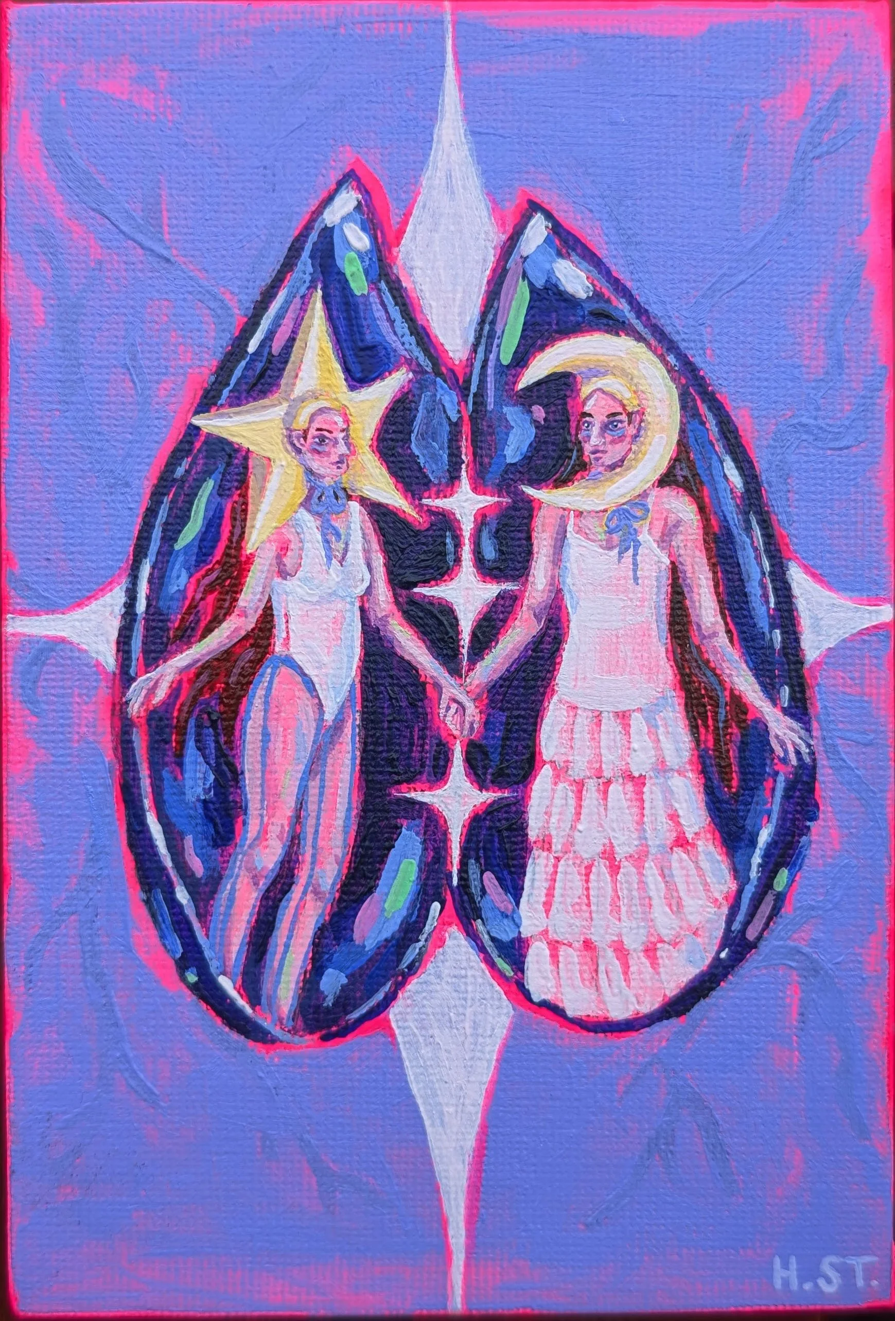 Originale Acrylmalerei von zwei Frauen in einer Muschel auf Leinwand-Board von der Künstlerin Hannah Stollenwerk