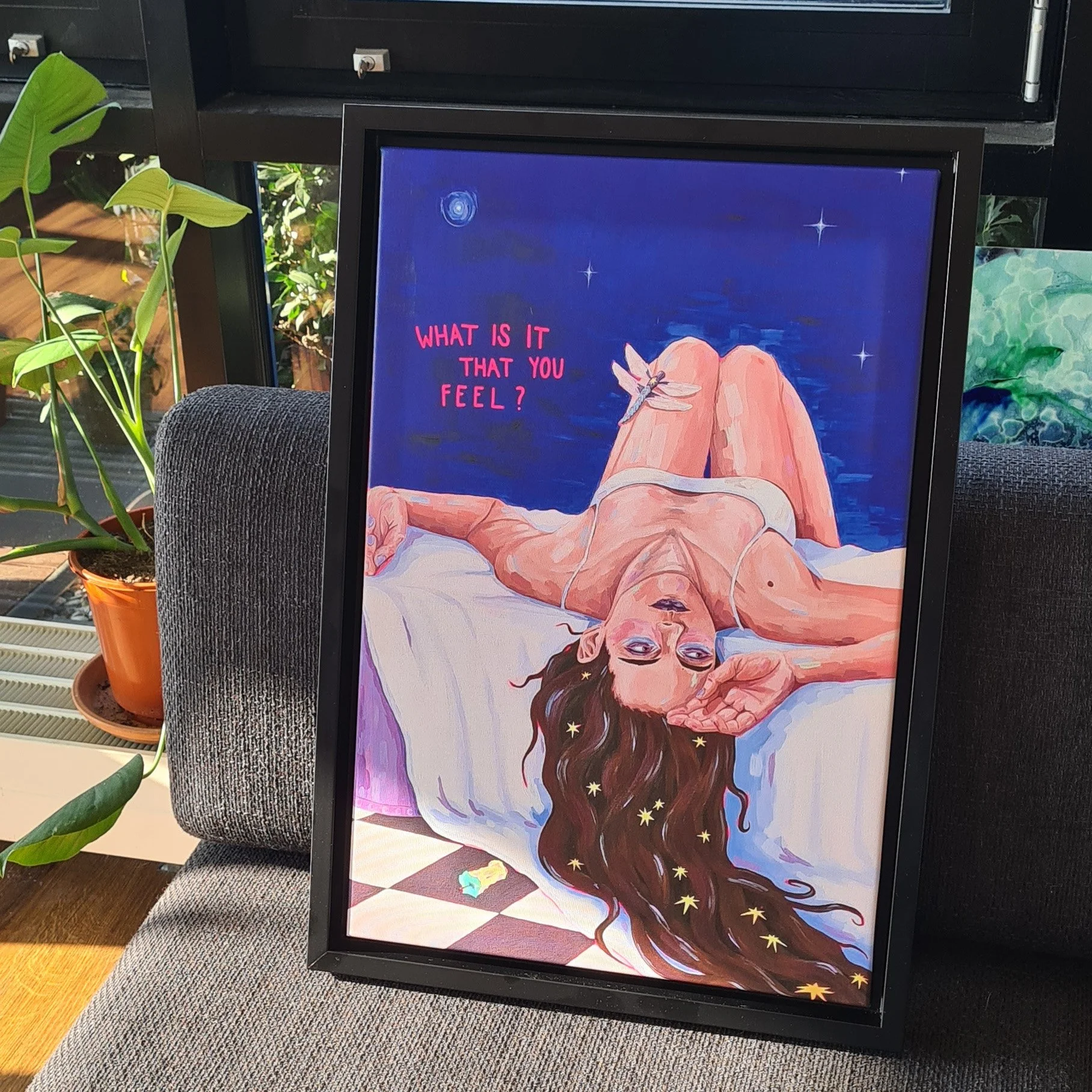 Kunstdruck meiner Acrylmalerei »Selbstportrait« mit dem Schriftzug »What is it that you feel«, auf Leinwand und gerahmt. Künstlerin Hannah Stollenwerk.