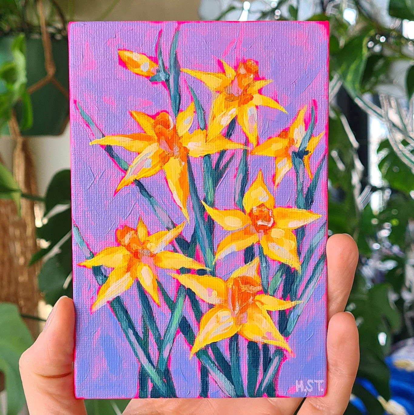 Originale Acrylmalerei mit Narzissen-Motiv auf Leinwand-Board von der Künstlerin Hannah Stollenwerk