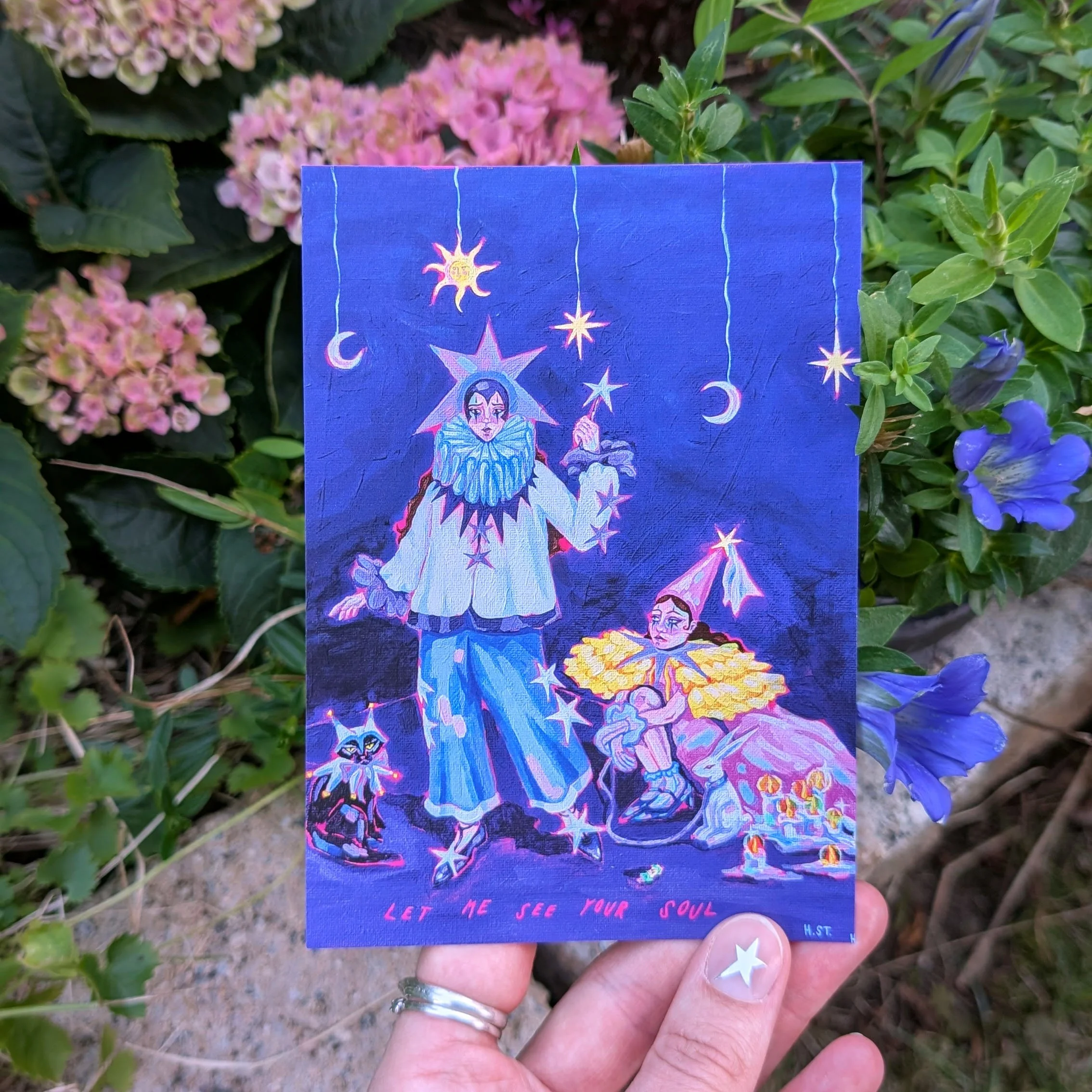 Postkarte der Acrylmalerei "Clown Girls" von der Künstlerin Hannah Stollenwerk