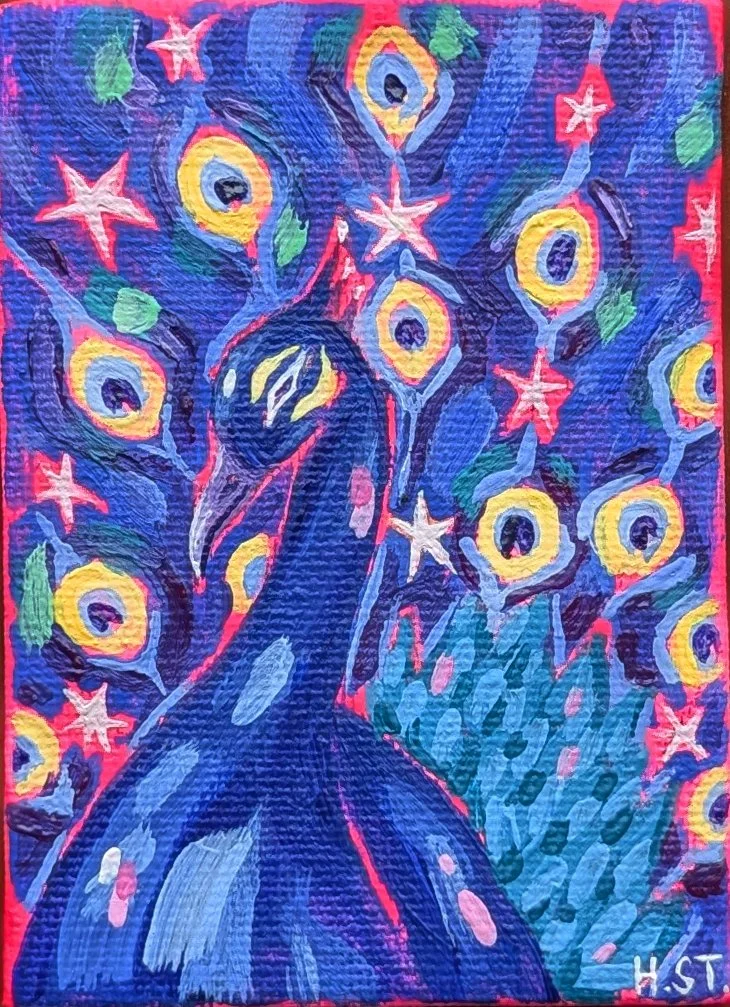 Originale Malerei mit Pfau-Motiv in Acryl auf mini Leinwand-Board von der Künstlerin Hannah Stollenwerk