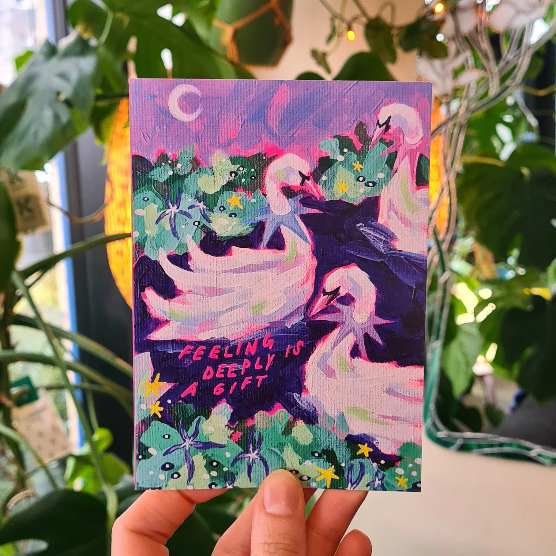 Postkarte Acrylmalerei mit Schwanen-Motiv: »Feeling deeply is a Gift«, Künstlerin Hannah Stollenwerk